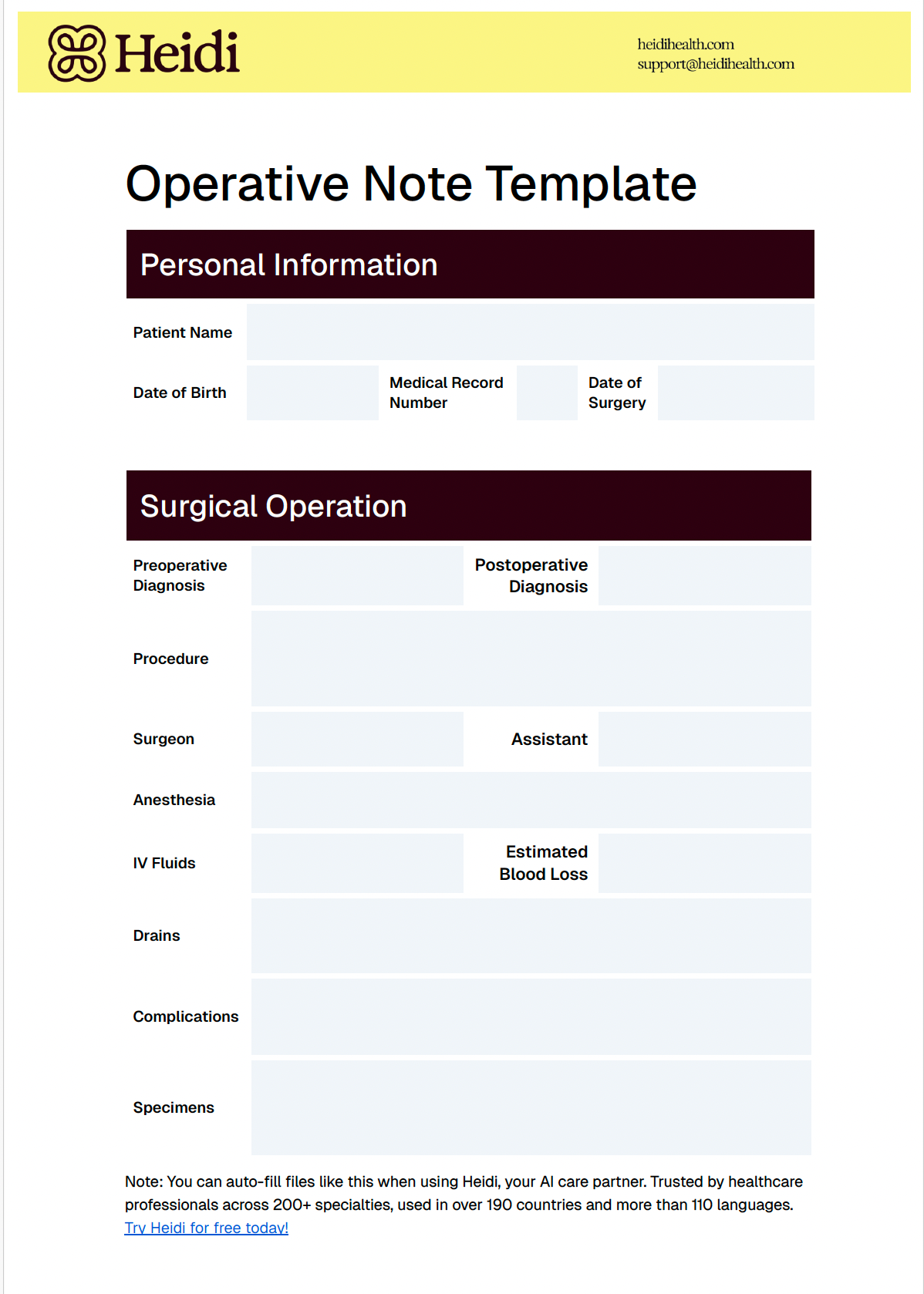 A blank operative note template from Heidi Health with sections for patient and surgical details.