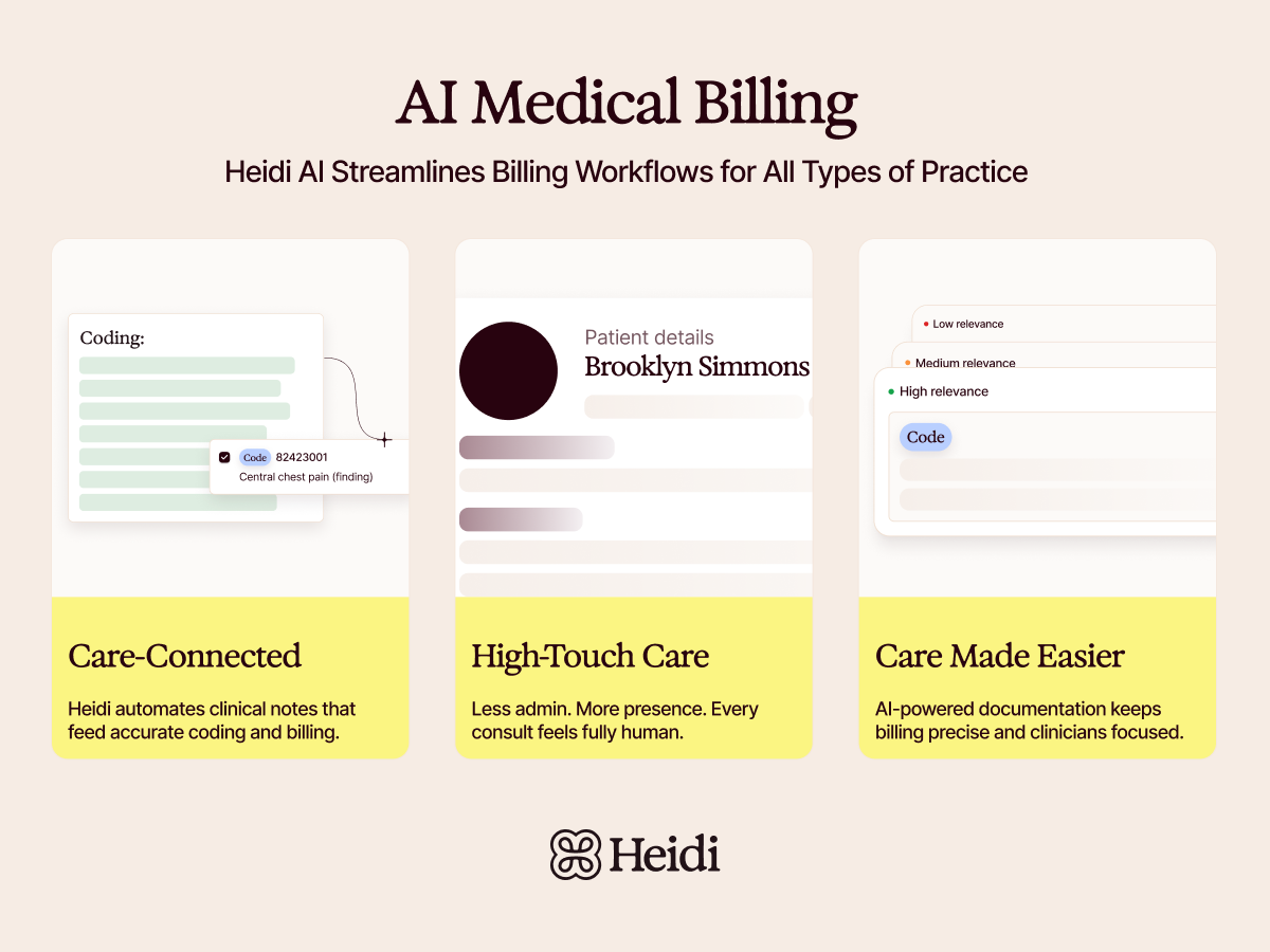 Heidi AI Medical Billing: streamlining workflows with automated coding, high-touch care, and precise documentation.