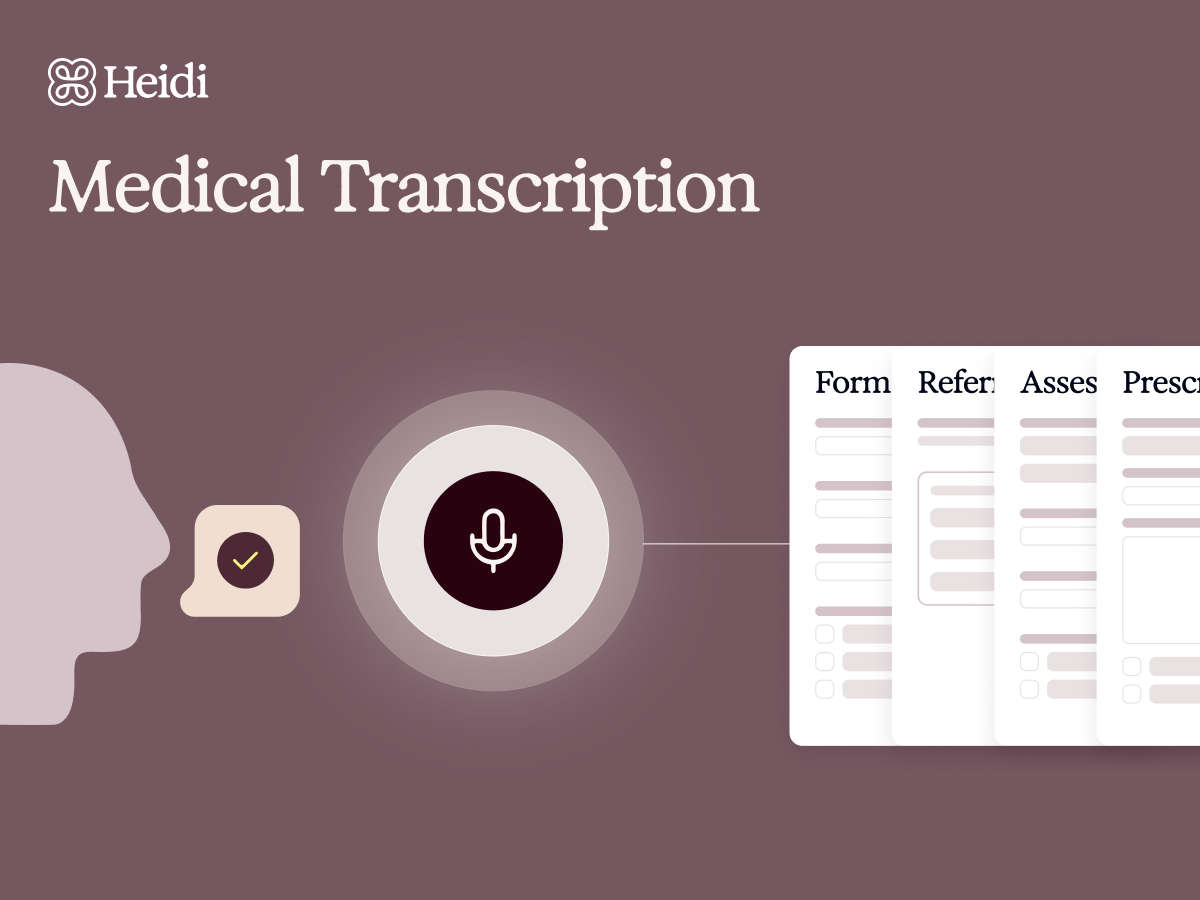 Illustration showing voice input for medical transcription filling a digital medical form.