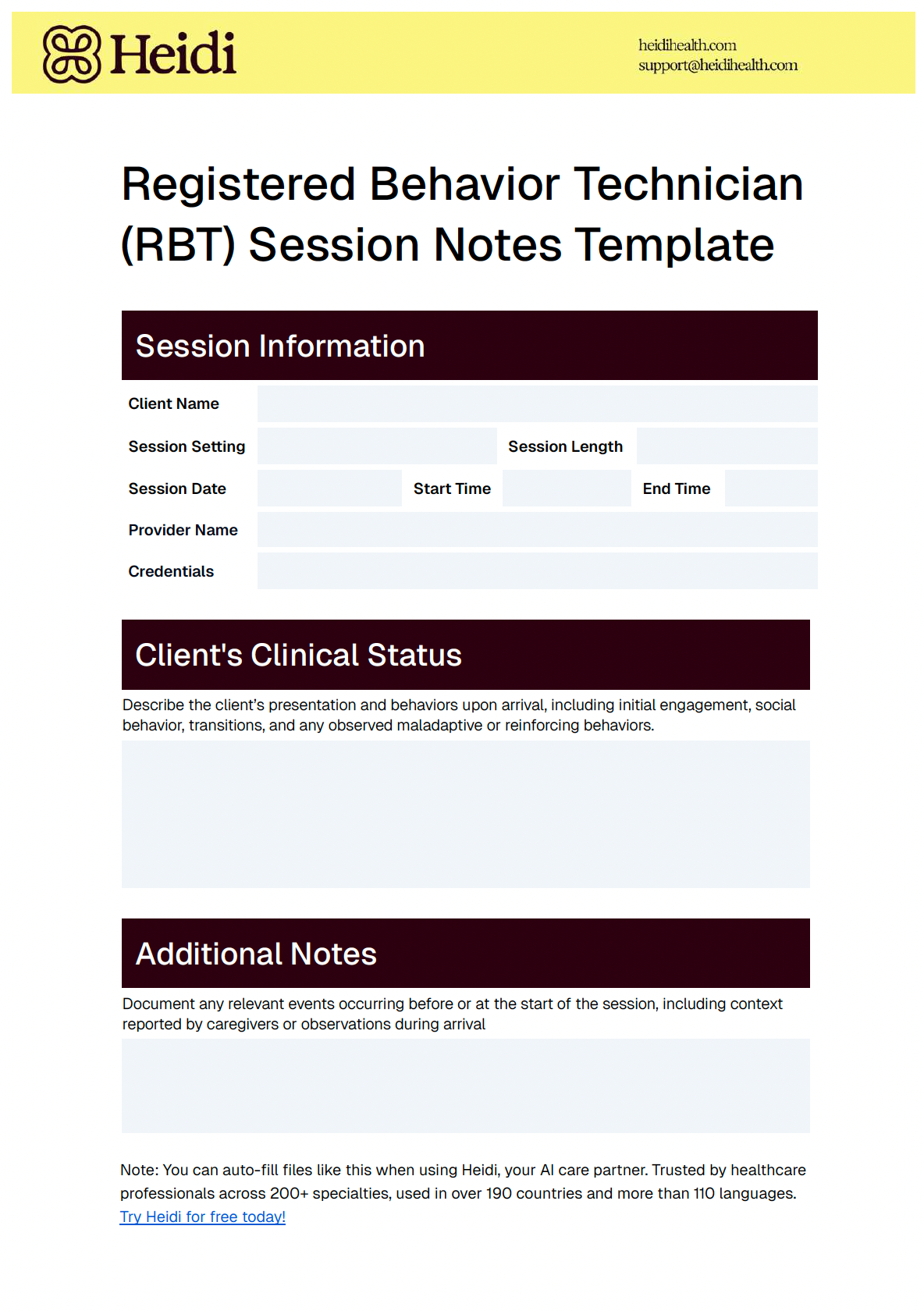 Heidi Health's Registered Behavior Technician (RBT) Session Notes Template.