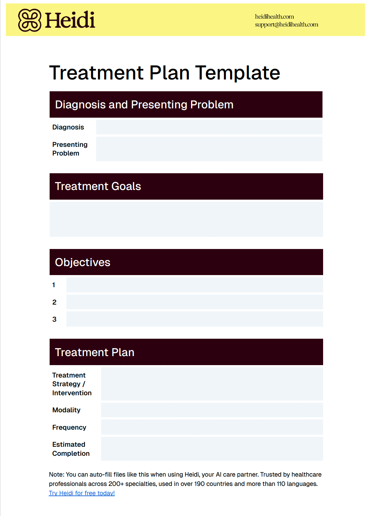 Heidi's Treatment Plan Template with sections for Diagnosis, Treatment Goals, Objectives, and Treatment Plan details.