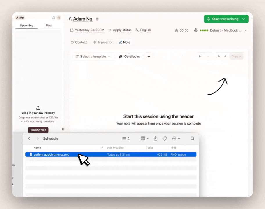 A software interface shows a file browser with "patient appointments.png" selected, and an arrow points to a "Start transcribing" button in the main window.