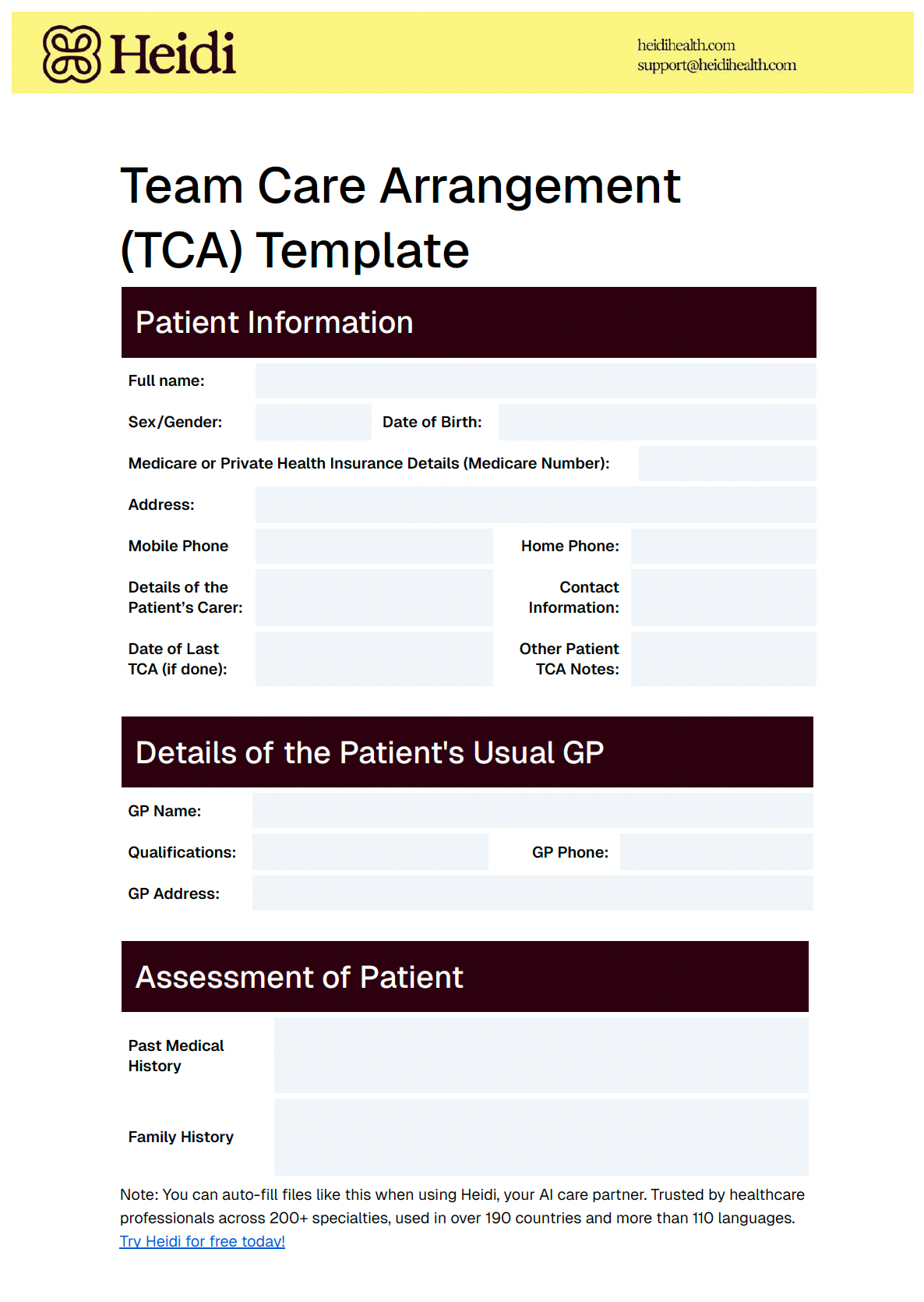 A medical form titled "Team Care Arrangement (TCA) Template" by Heidi, with sections for patient information, GP details, and patient assessment.