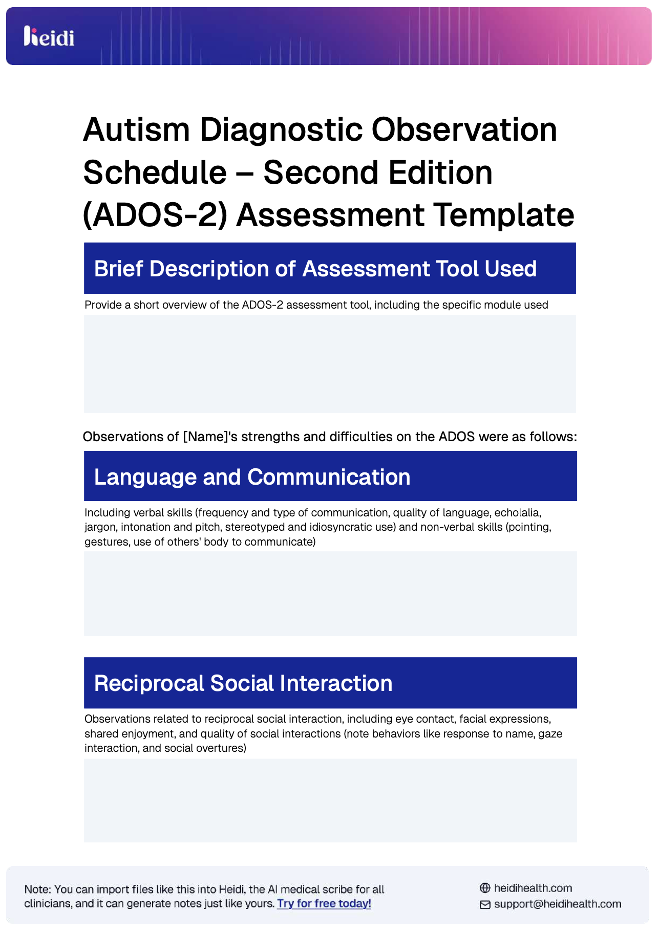 ADOS Assessment Template Page by Heidi Health