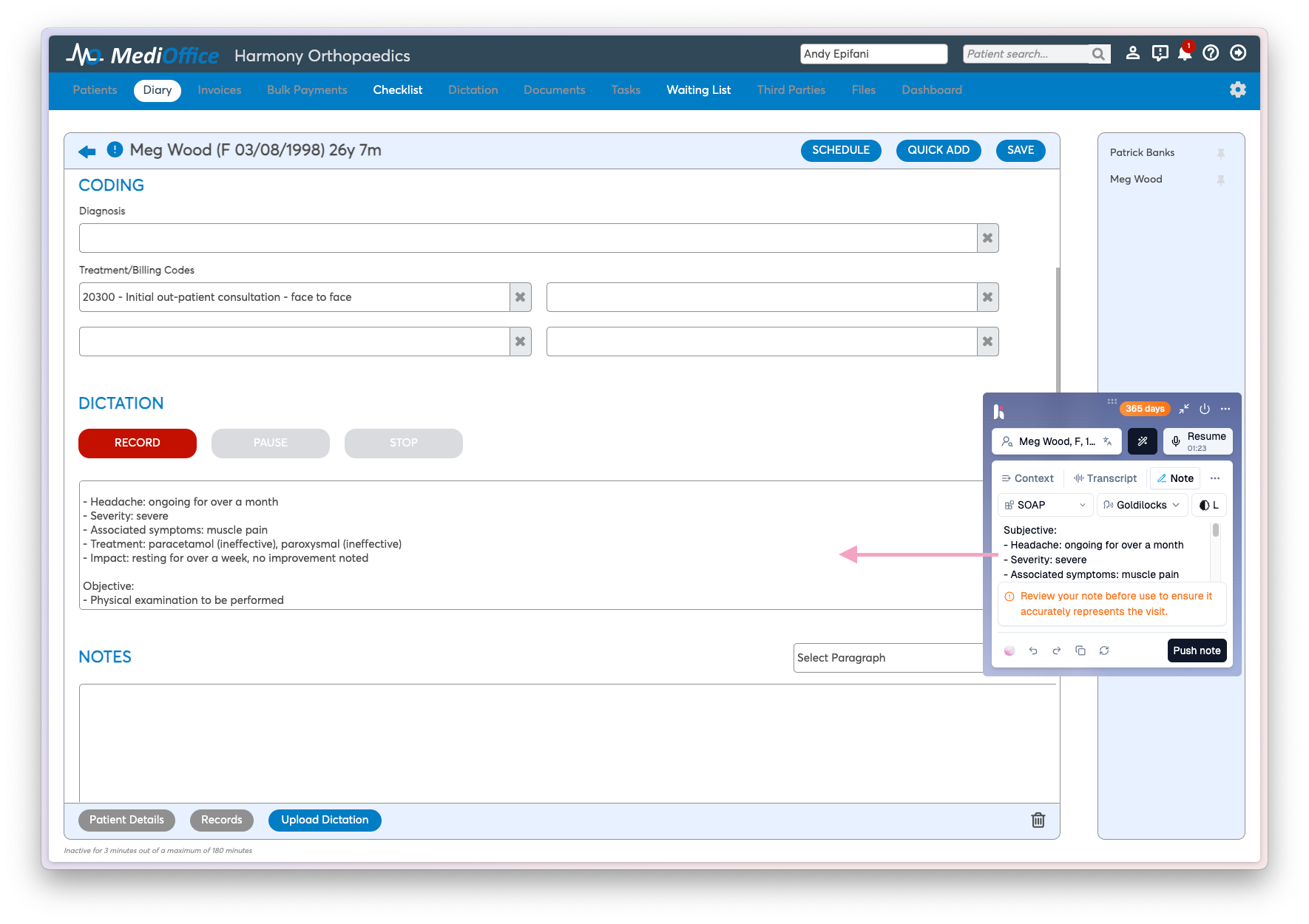 A screenshot of the MediOffice EHR displaying a patient's medical record with dictation notes, and an overlaid AI assistant window showing generated subjective patient notes.