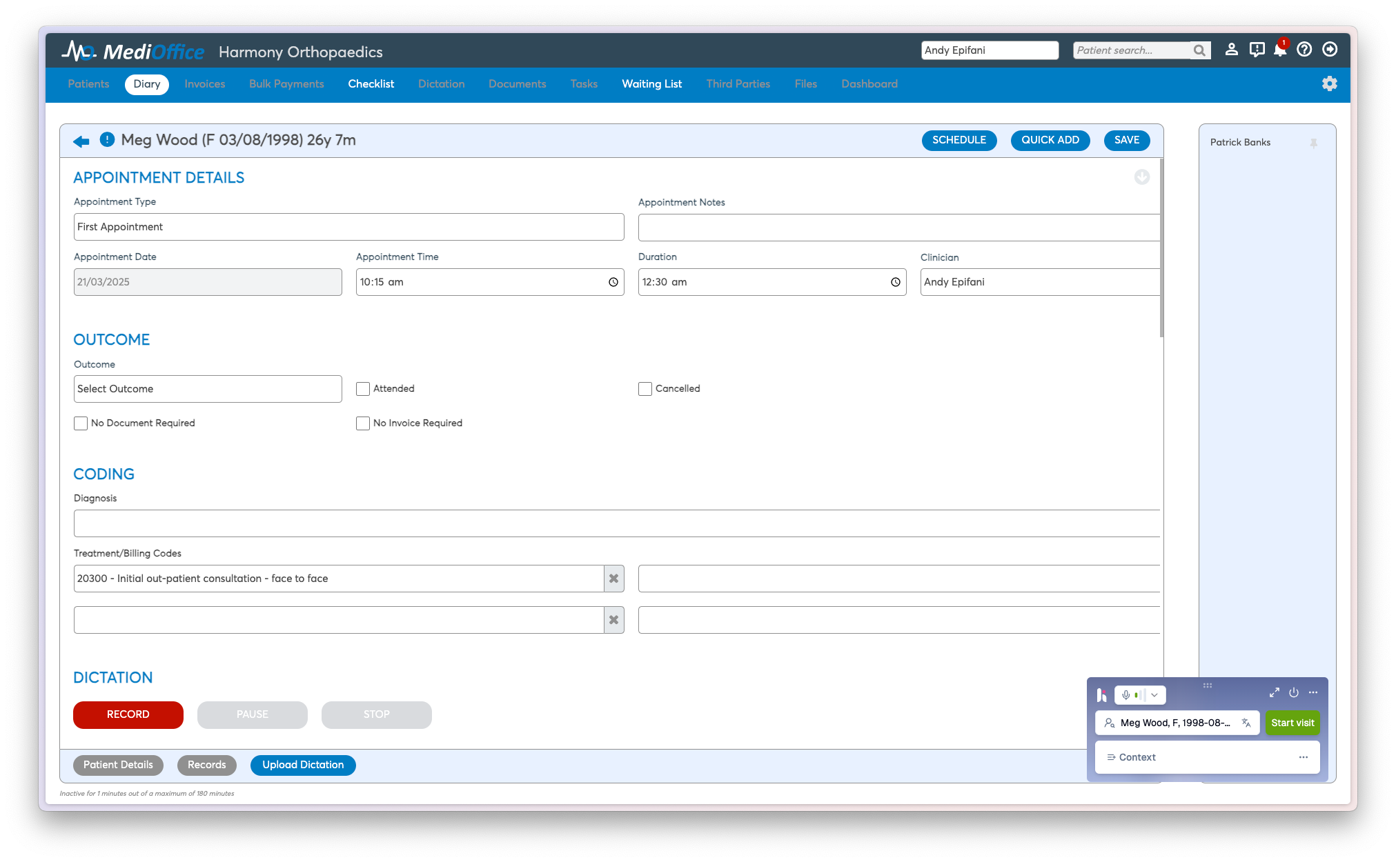 Screenshot of MediOffice software displaying appointment details, medical coding, and dictation options for patient Meg Wood.
