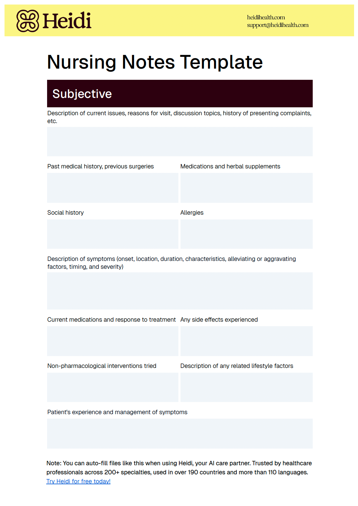 A "Heidi" branded Nursing Notes Template, featuring a "Subjective" section with input fields for patient history, symptoms, medications, allergies, and lifestyle factors.