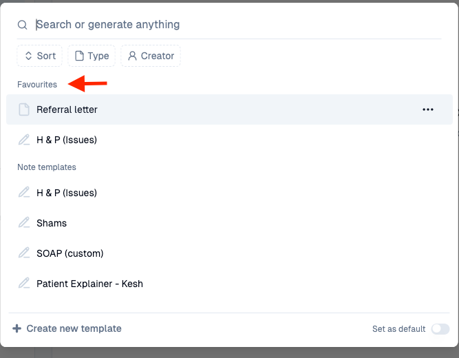 A template selection menu with 'Favourites' highlighted by an orange arrow, above a list of 'Note templates'.