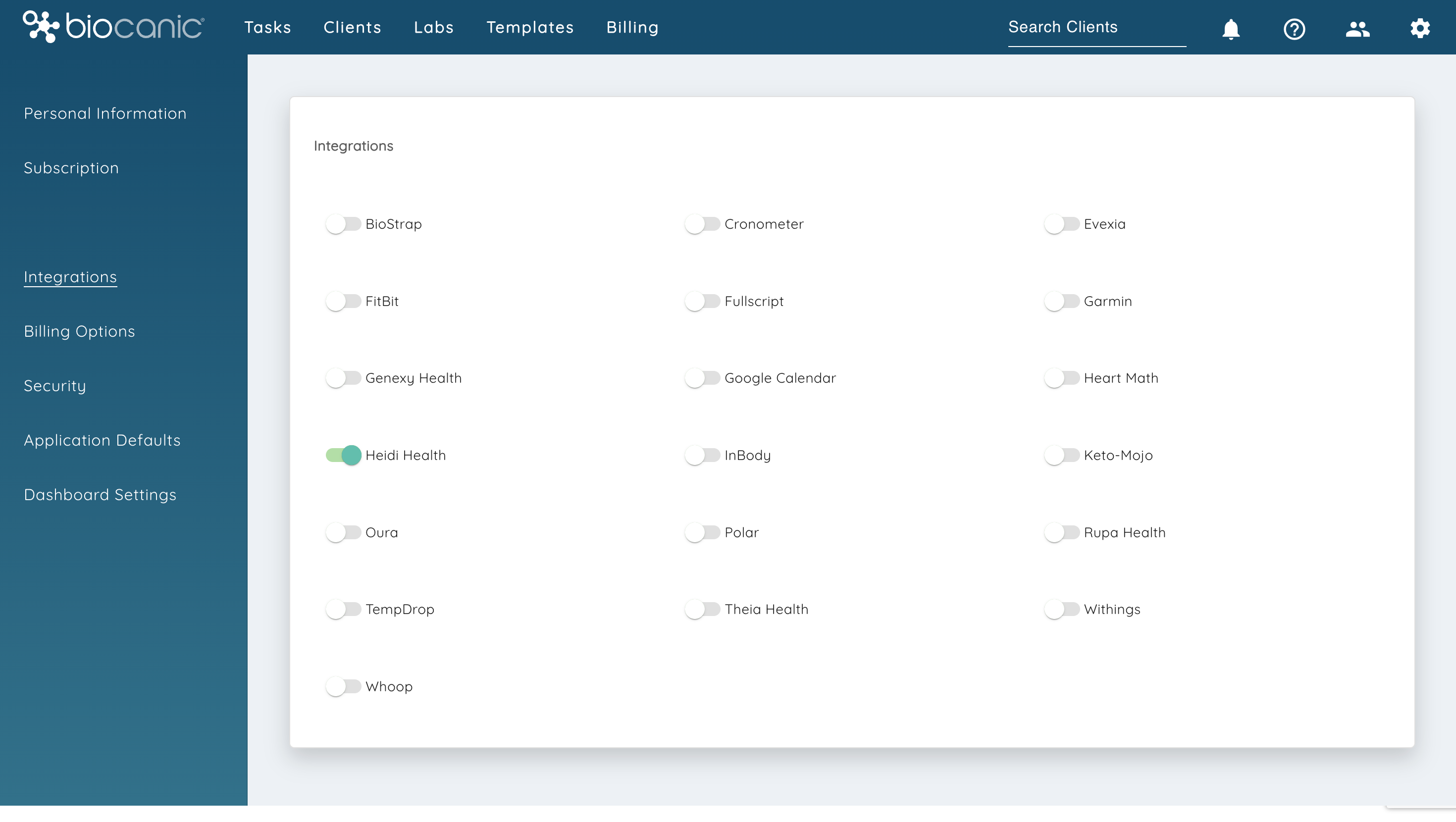 Biocanic software Integrations settings with Heidi Health enabled.