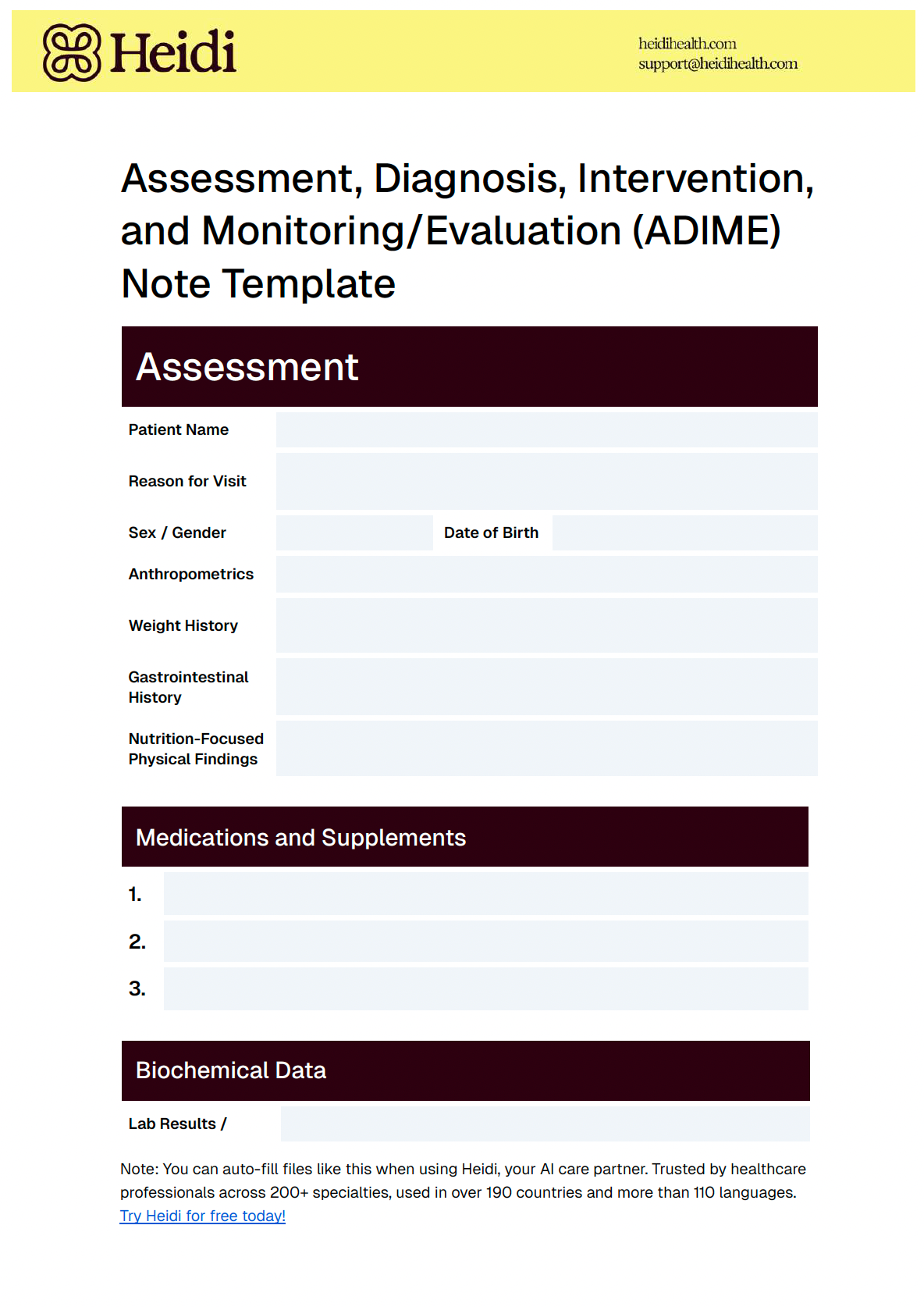 A Heidi ADIME (Assessment, Diagnosis, Intervention, Monitoring/Evaluation) Note Template with fields for patient assessment, medications, and biochemical data.