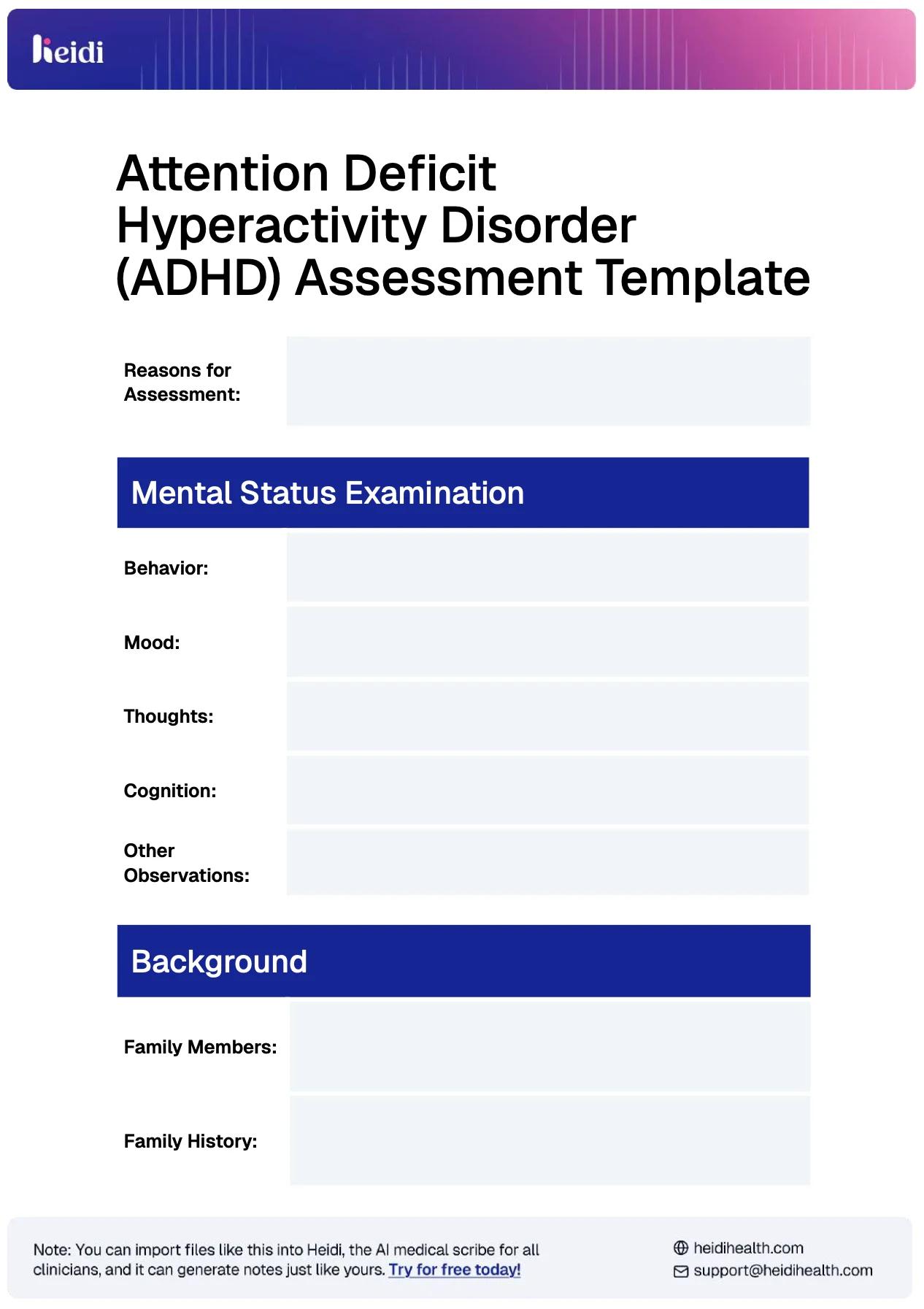 ADHD Assessment Form Template Example