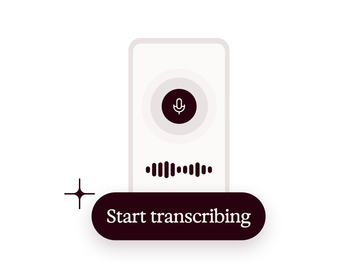 Microphone icon and sound waves above a "Start transcribing" button.