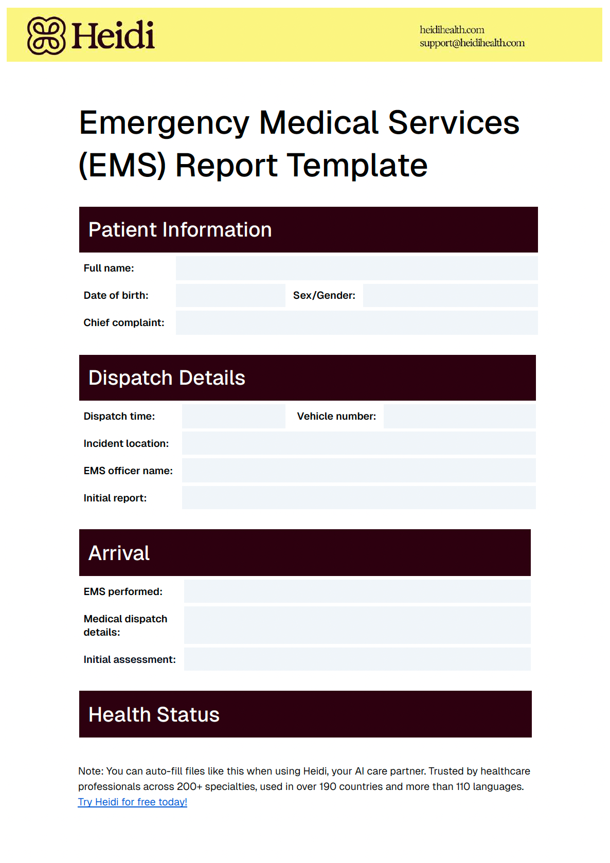 An Emergency Medical Services (EMS) Report Template from Heidi with sections for patient information, dispatch details, arrival, and health status.