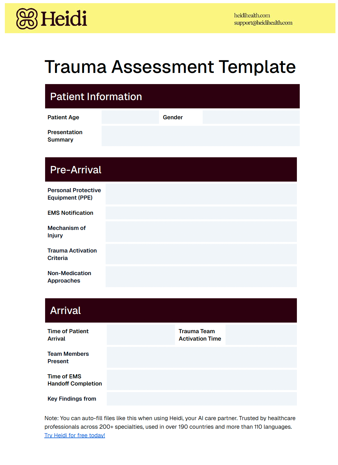 Heidi Trauma Assessment Template, a medical form with patient information, pre-arrival, and arrival sections.