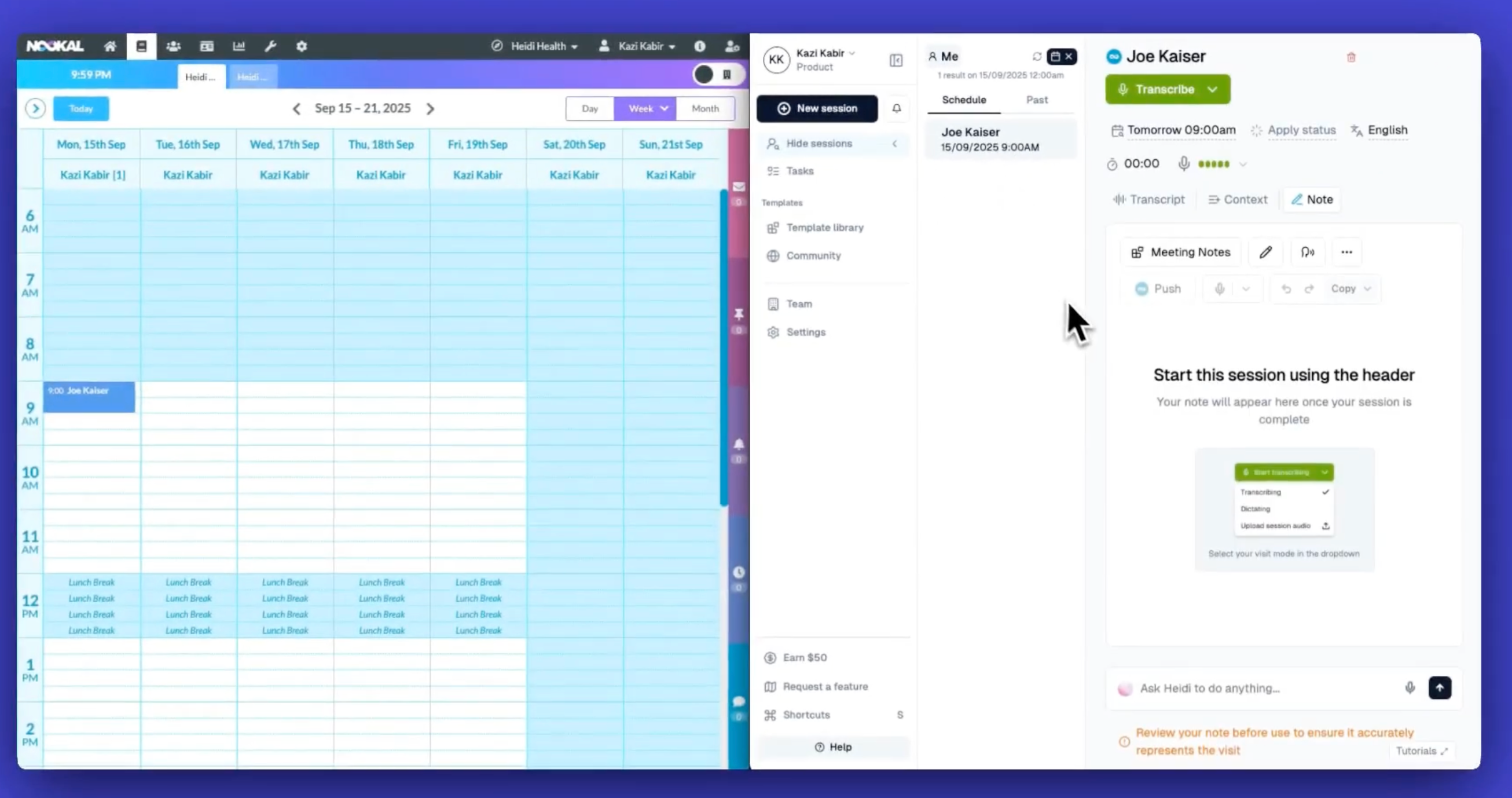 Screenshot of Nookal application, with a calendar view on the left and meeting notes for patient in Heidi Application on the right.