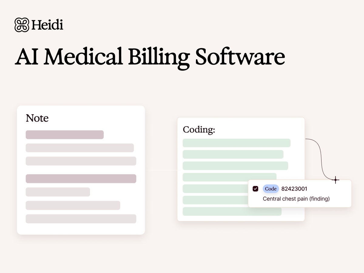 Heidi AI Medical Billing Software interface, showing a medical note being translated into billing codes, with "Central chest pain (finding)" coded as "82423001".