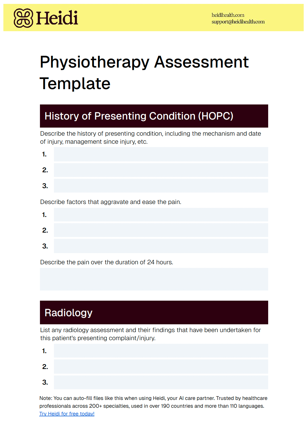 Heidi's Physiotherapy Assessment Template, with sections for patient's history of presenting condition and radiology findings.