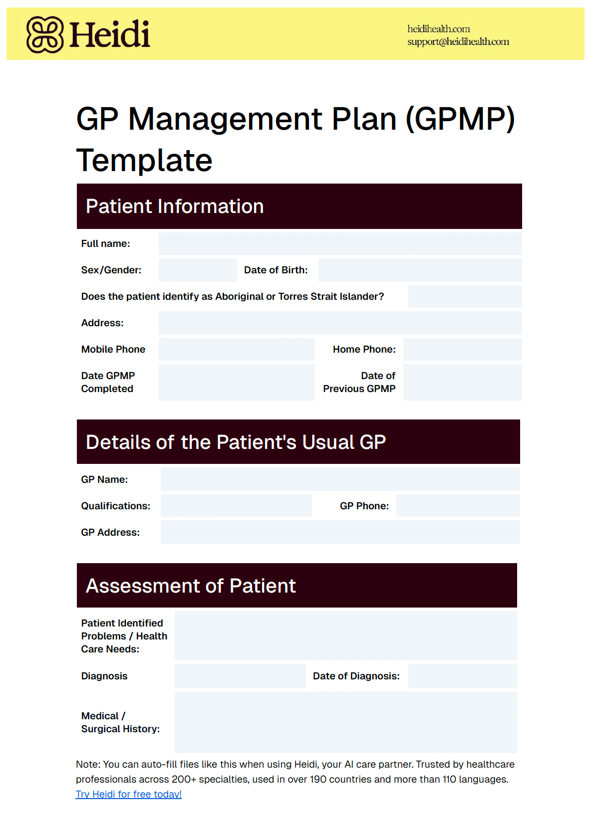 A digital template for a GP Management Plan, including sections for patient information, GP details, and patient assessment.
