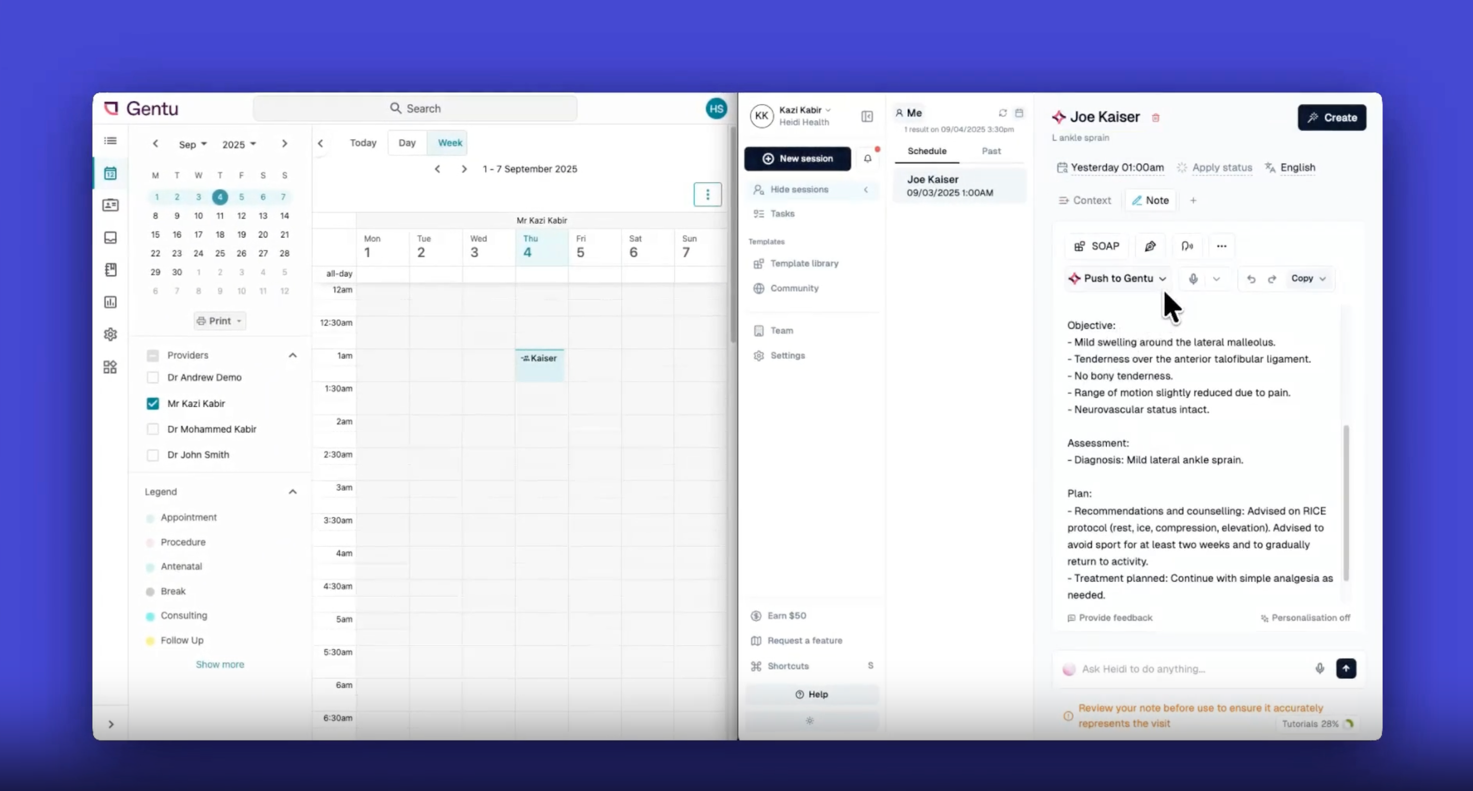 Gentu medical software interface with a calendar and Joe Kaiser's notes on an ankle sprain.