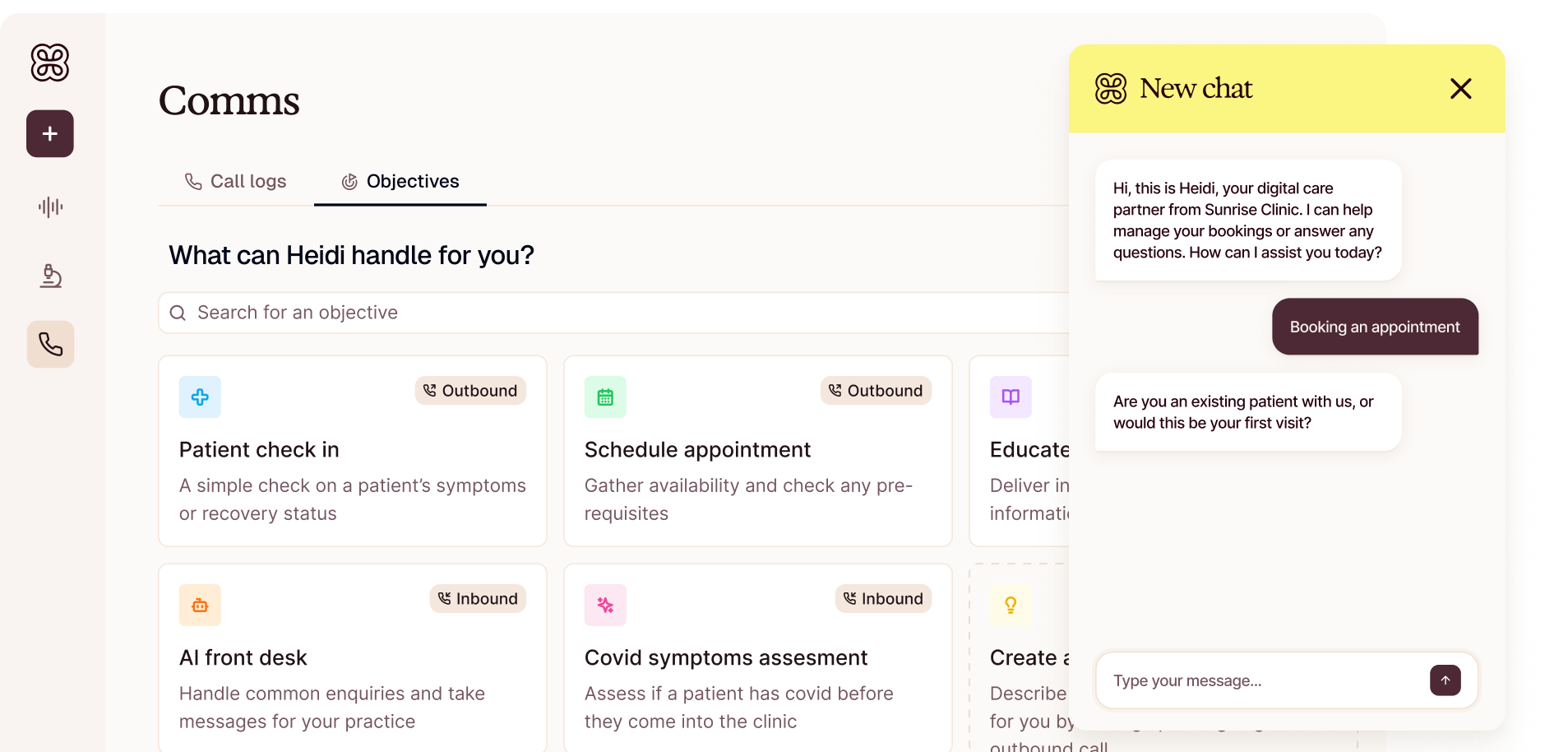 A product interface of Heidi Comms allowing for inbound and outbound communication with patients via voice, text, and chat without adding to the clinic admin load