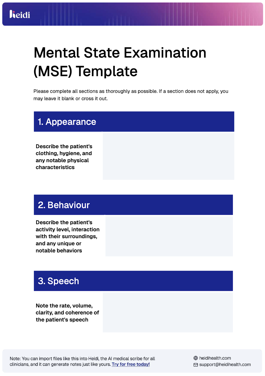 Mental state examination (MSE) template
