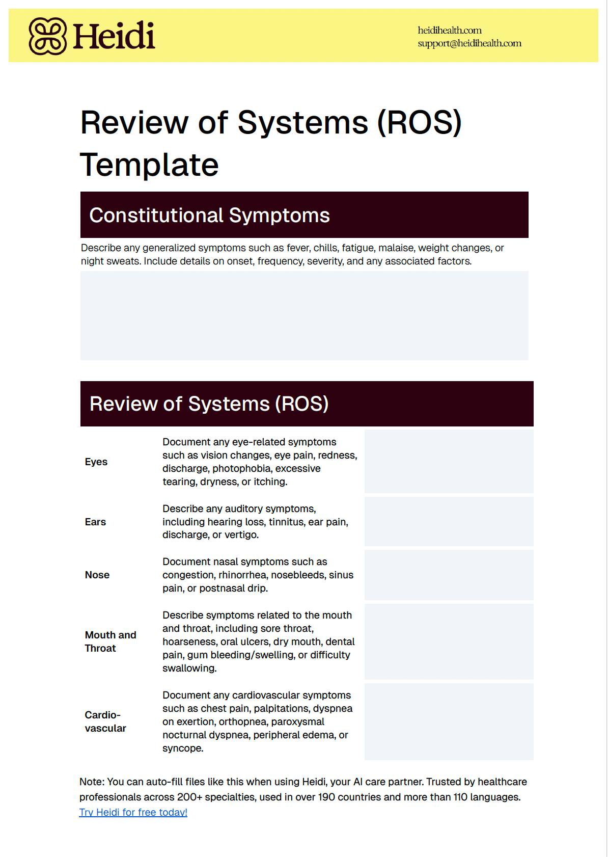 A medical form titled "Review of Systems (ROS) Template" from Heidi, with sections for constitutional and body-system symptoms.