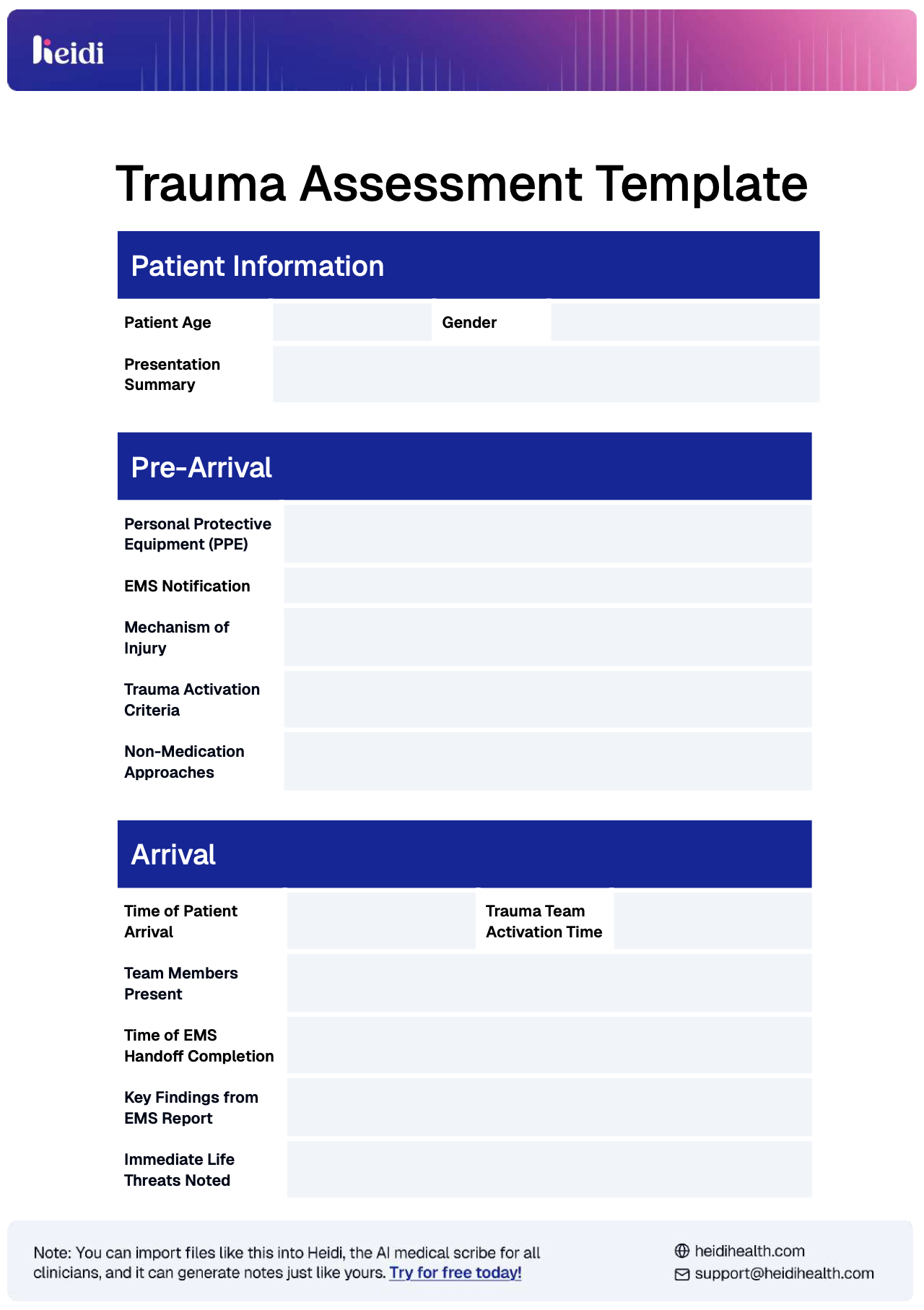 Trauma Assessment Template by Heidi Health