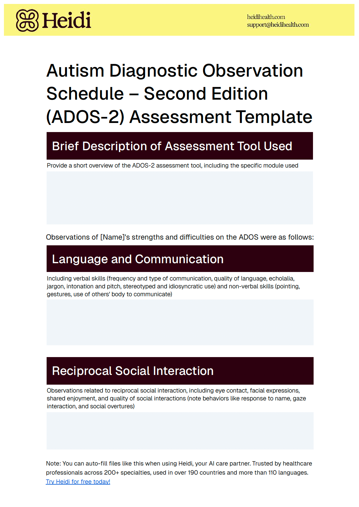 Heidi's ADOS-2 assessment template for autism diagnosis, featuring sections for tool description, language, and social interaction.