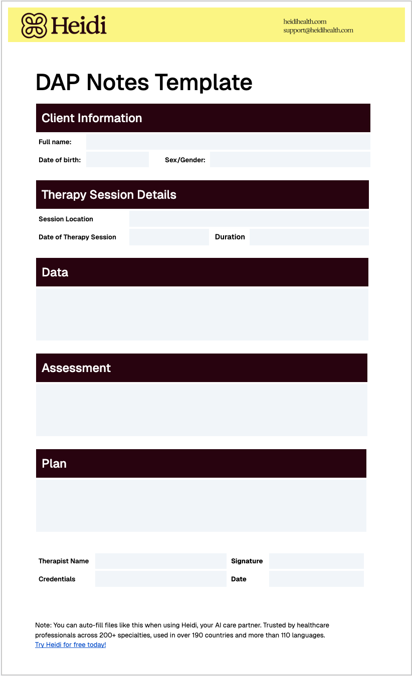 DAP Notes Template from Heidi Health, with sections for client information, therapy session details, data, assessment, and plan.