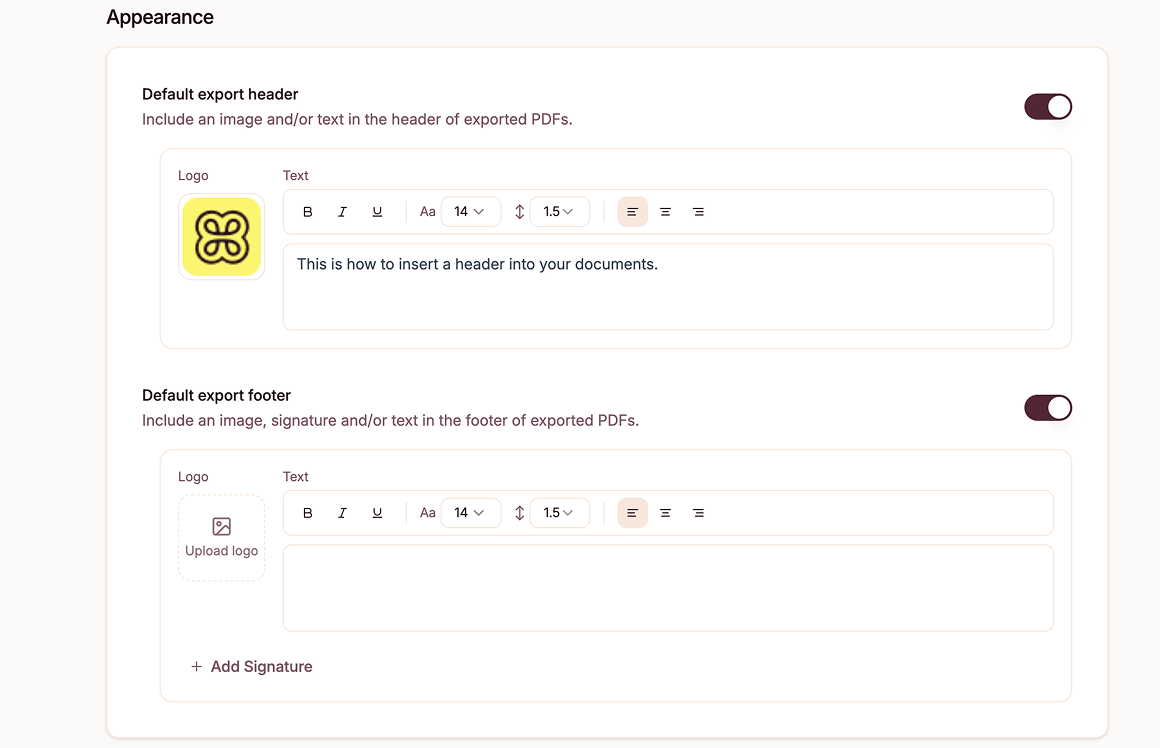 Heidi Header and Footer settings