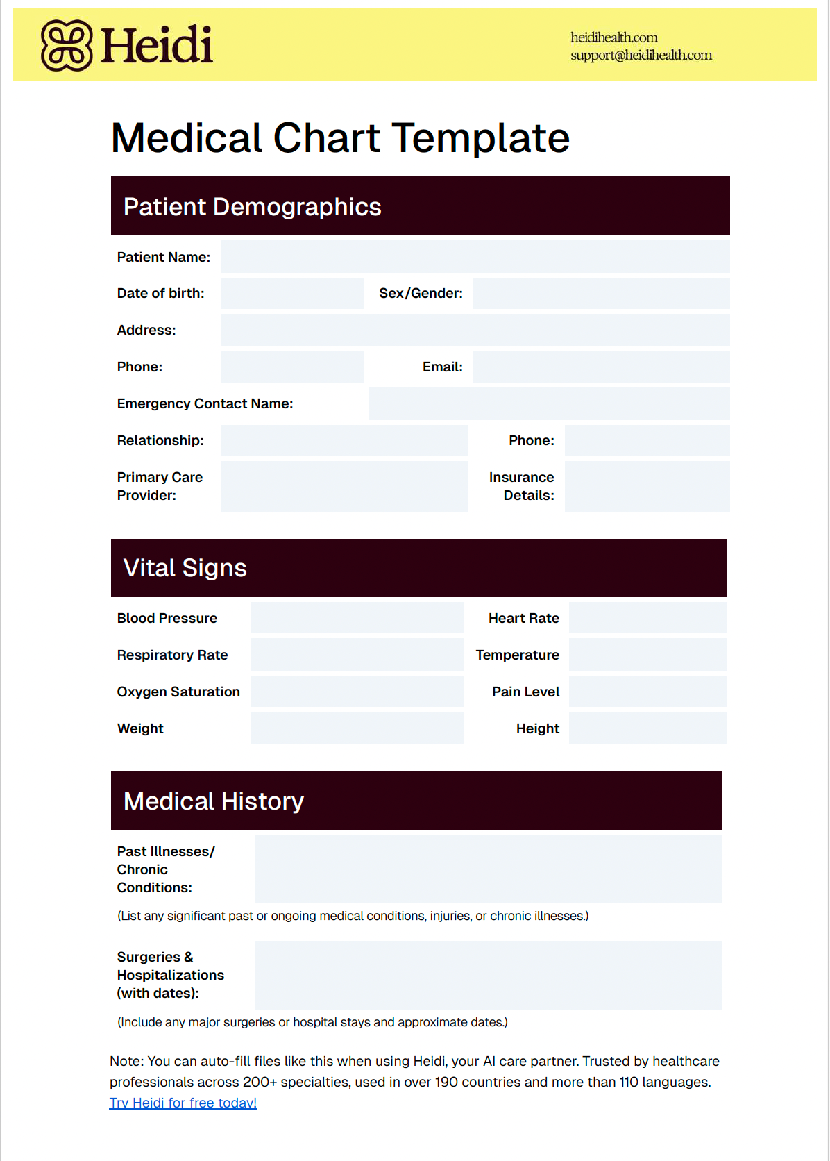 Heidi medical chart template with sections for patient demographics, vital signs, and medical history.