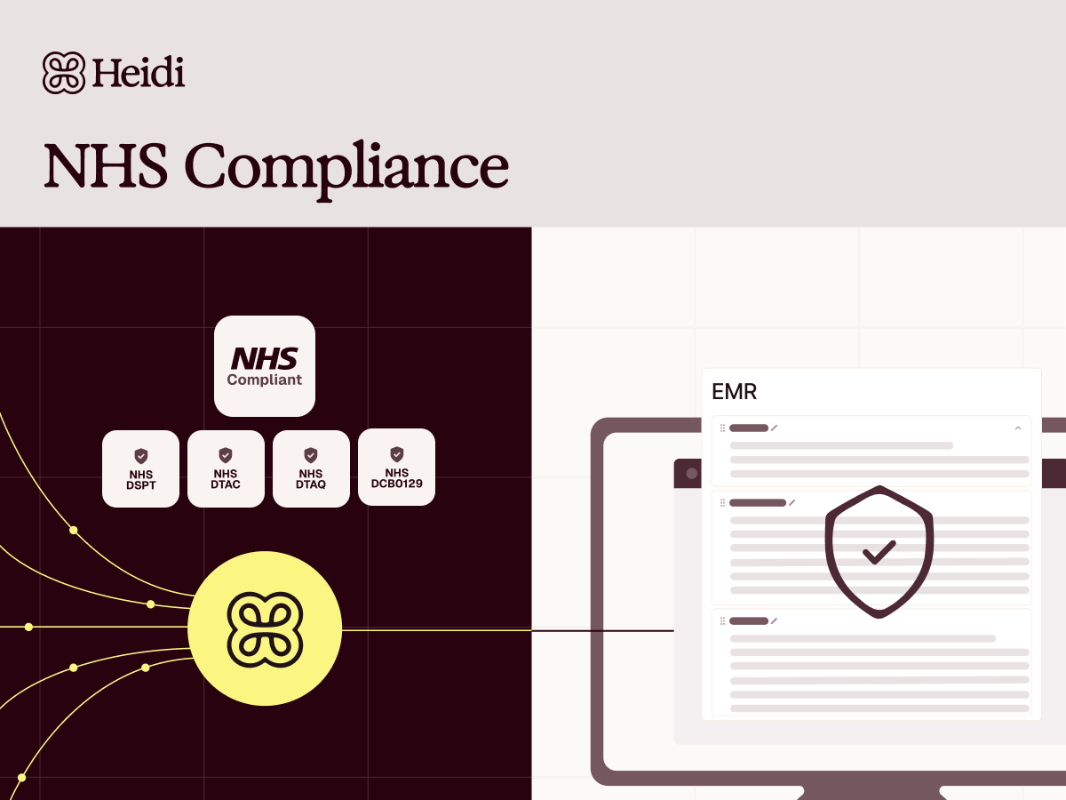 Heidi NHS Compliance infographic showing adherence to various NHS standards for secure EMRs.