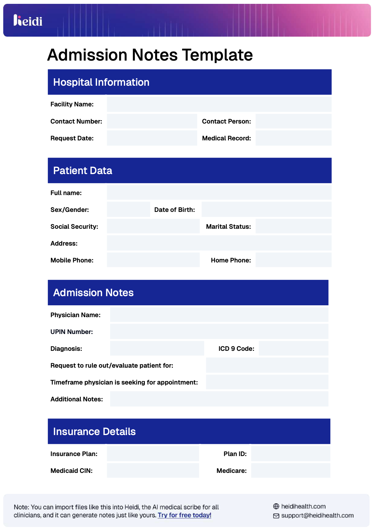 Admission Note Template by Heidi Health