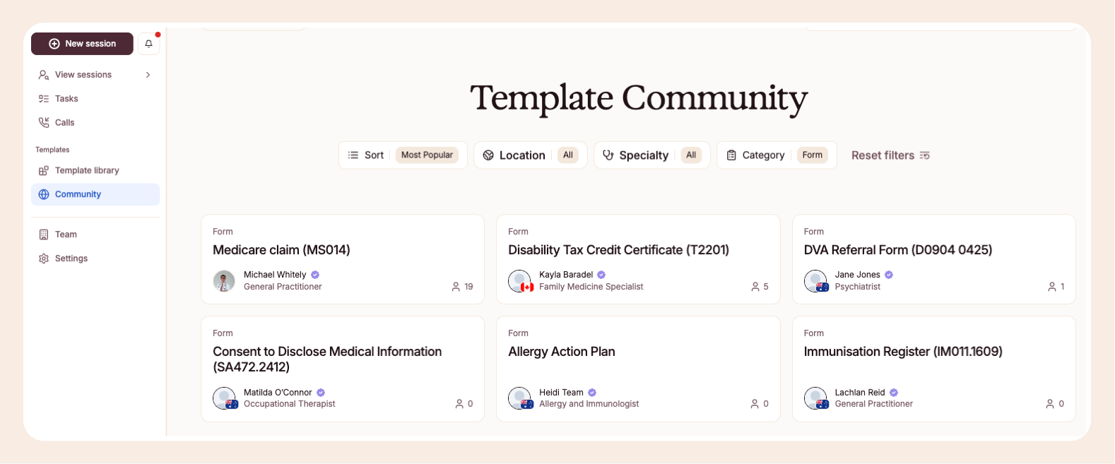 A software interface displaying a "Template Community" with various medical form templates, showing creator details and filters.