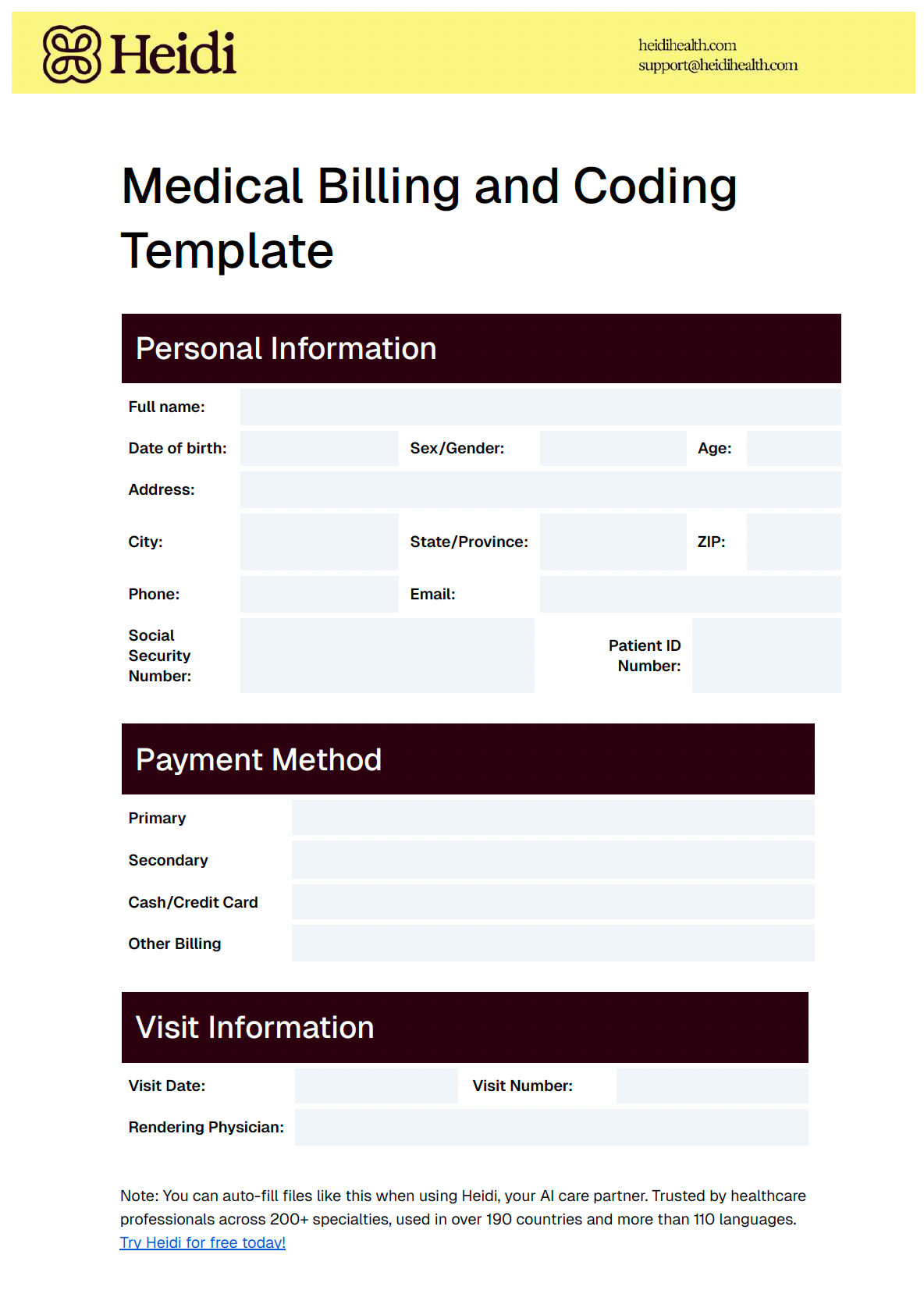 Heidi medical billing and coding template with sections for personal, payment, and visit information.