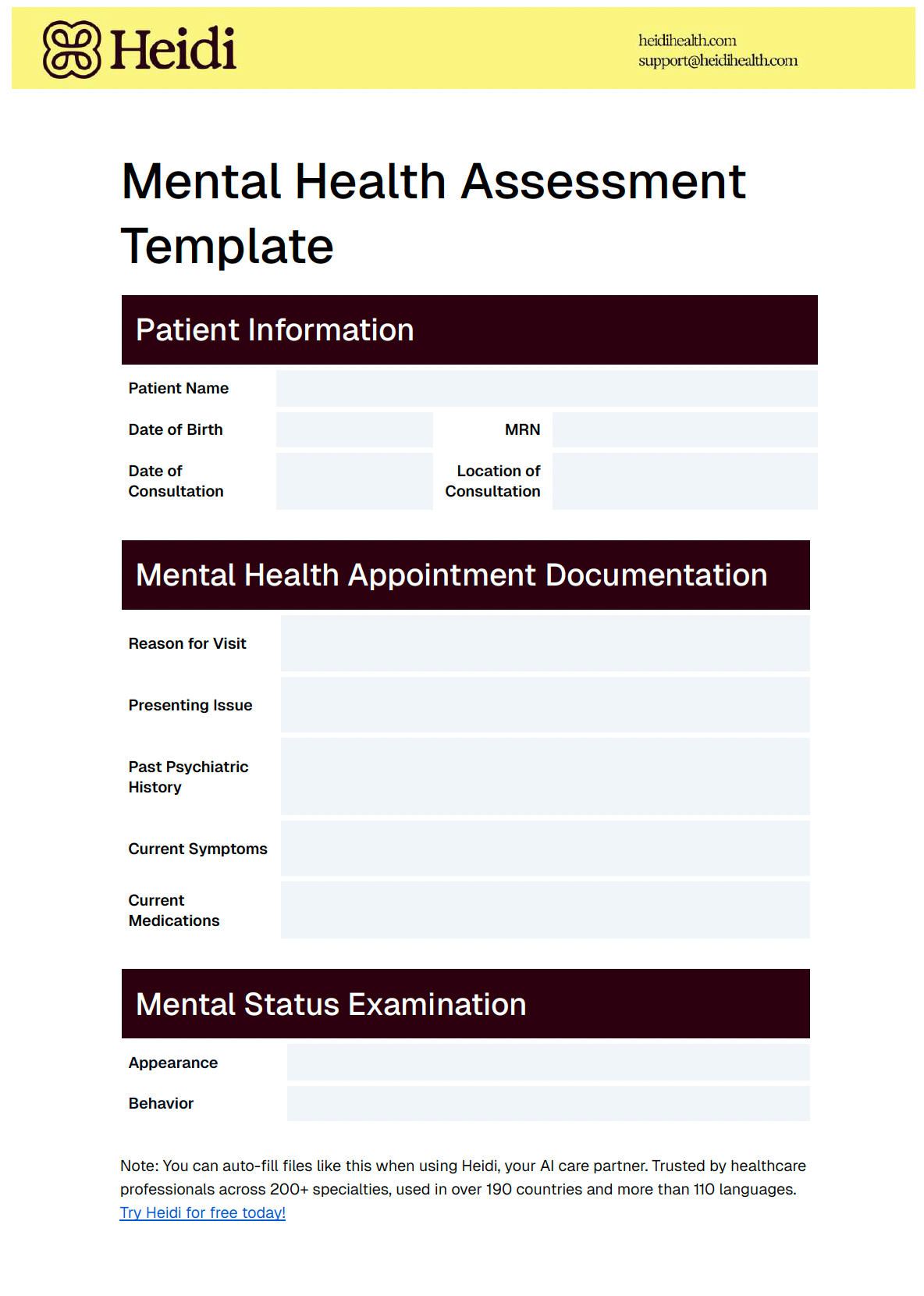 A white digital form titled "Mental Health Assessment Template" by Heidi, with fields for patient information, mental health appointment documentation, and mental status examination.