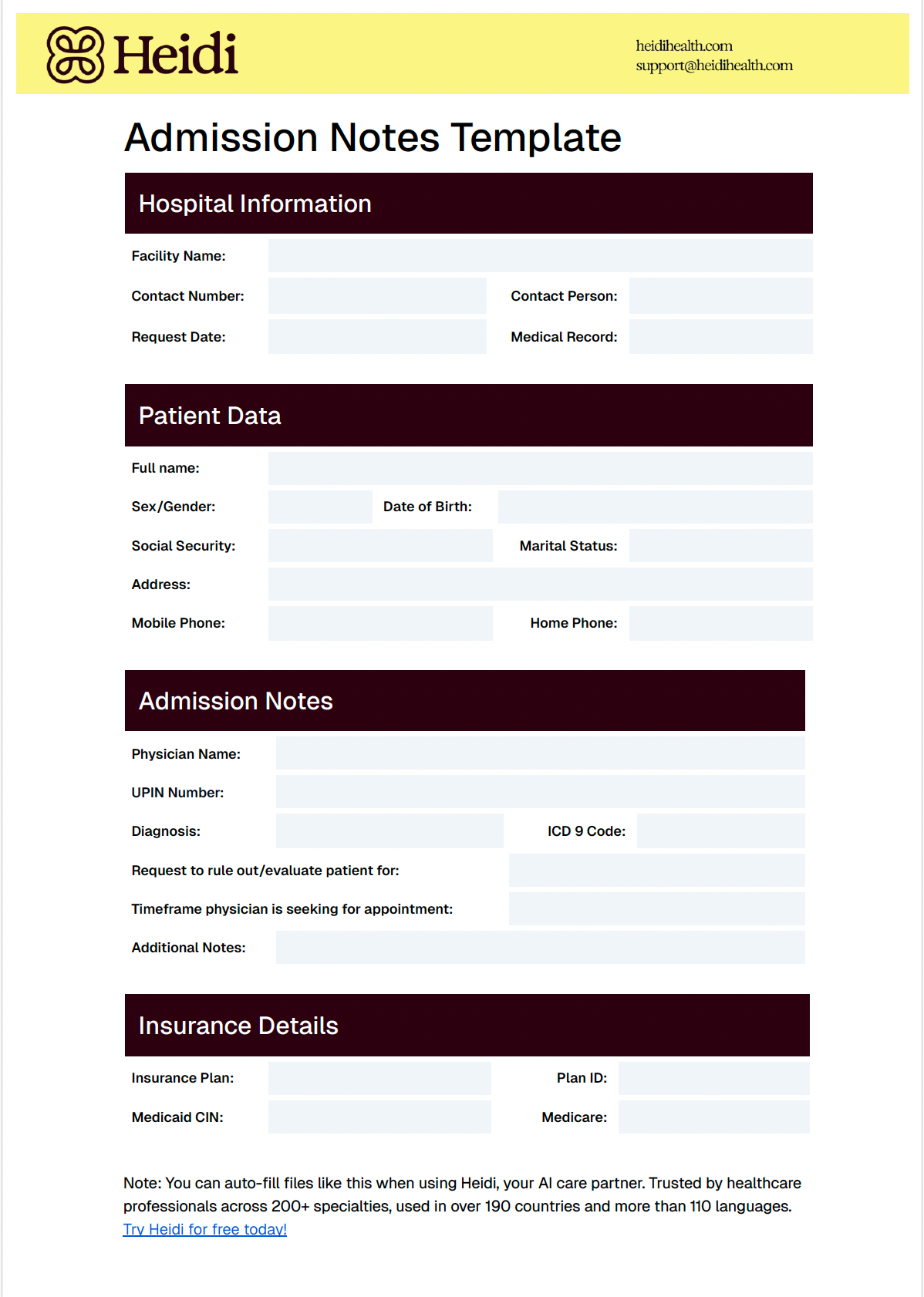 Heidi Health Admission Notes Template, an online form for hospital, patient, admission, and insurance details.