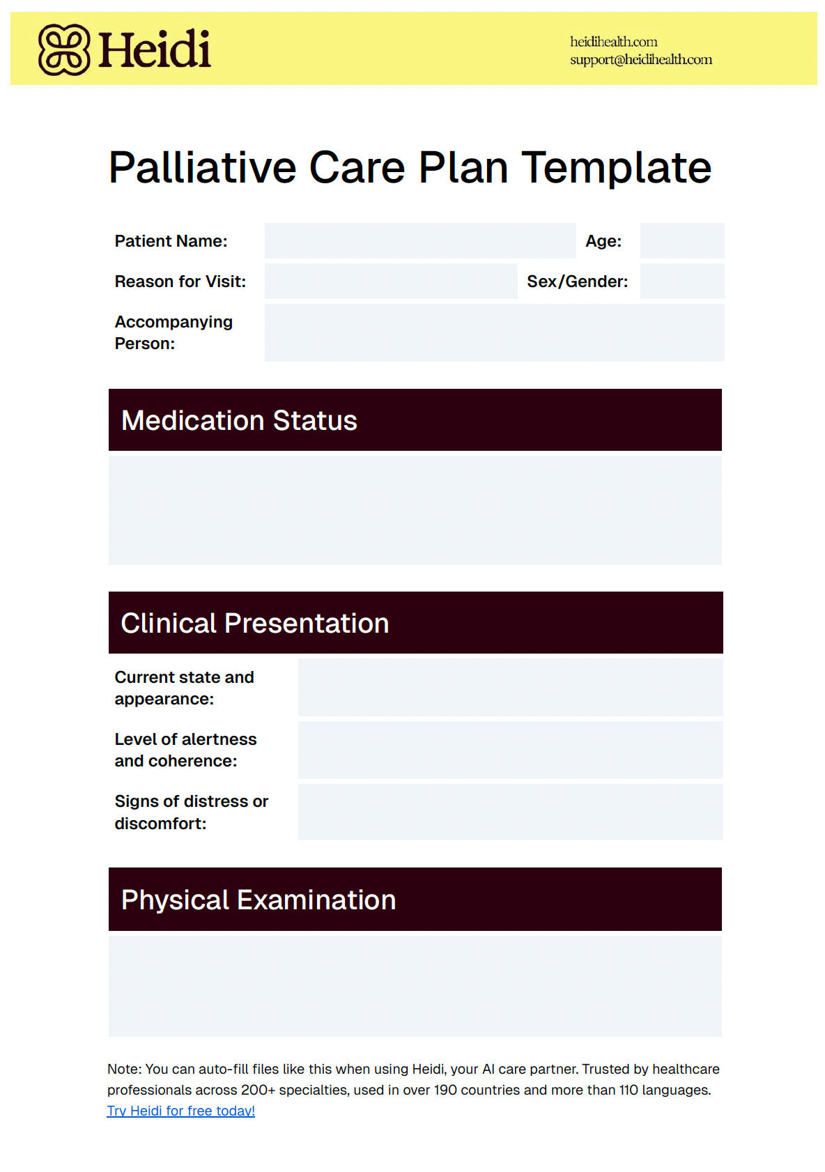 A Palliative Care Plan Template from Heidi, with sections for patient details, medication, clinical presentation, and physical examination.