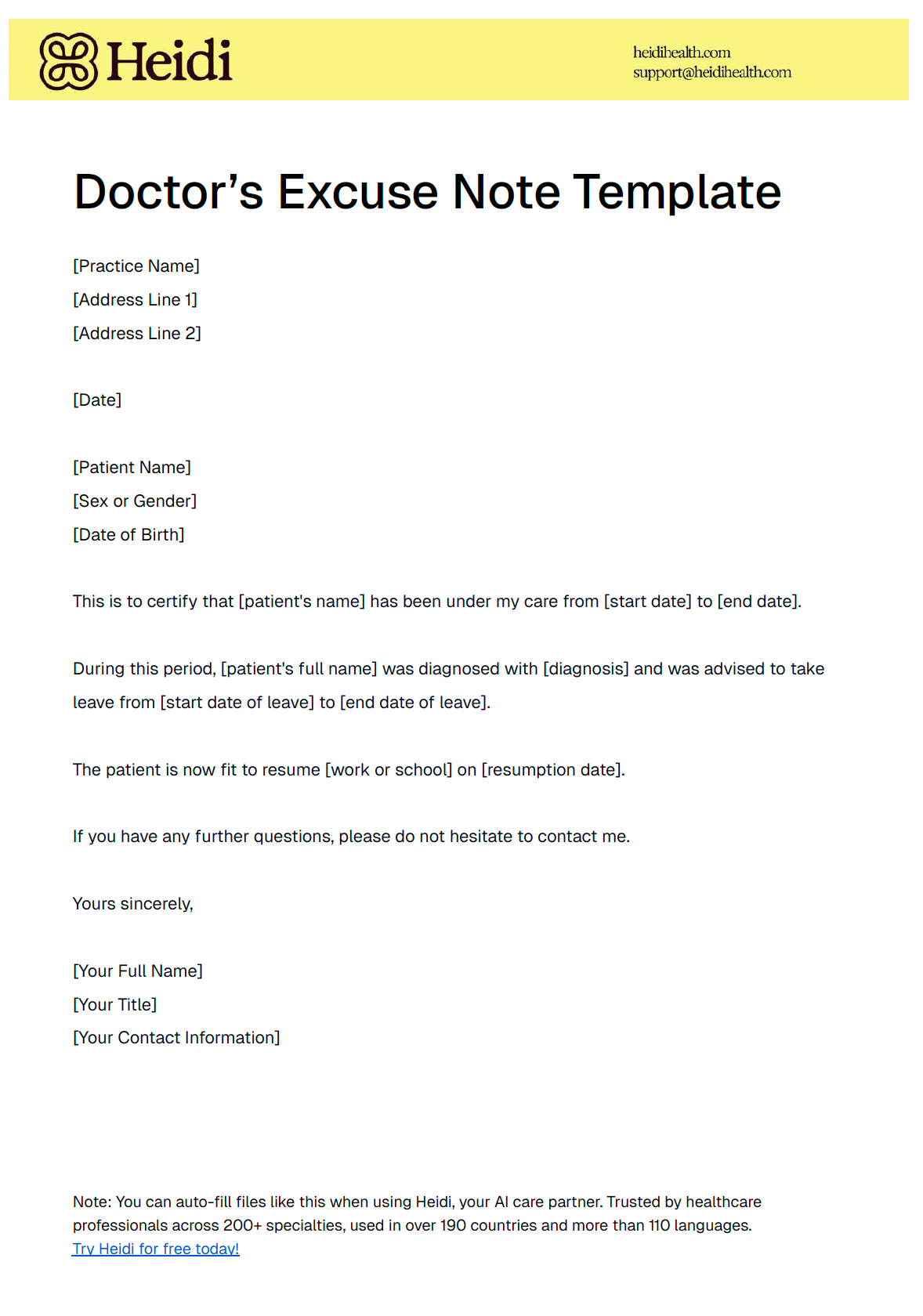 Heidi's Doctor's Excuse Note Template, showing placeholders for patient information, diagnosis, and dates for leave and return to work/school.