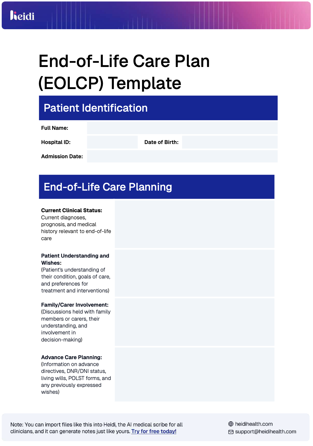 end of life care plan template example