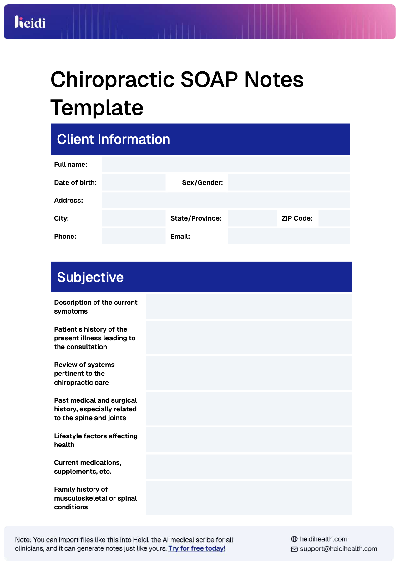 Chiropractic SOAP Notes Template Example by Heidi Health