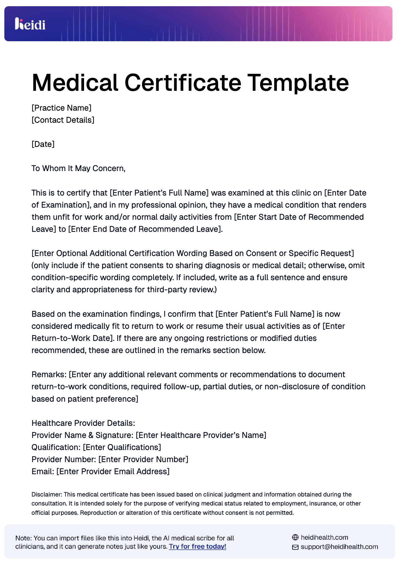 Medical Certificate Template by Heidi Health