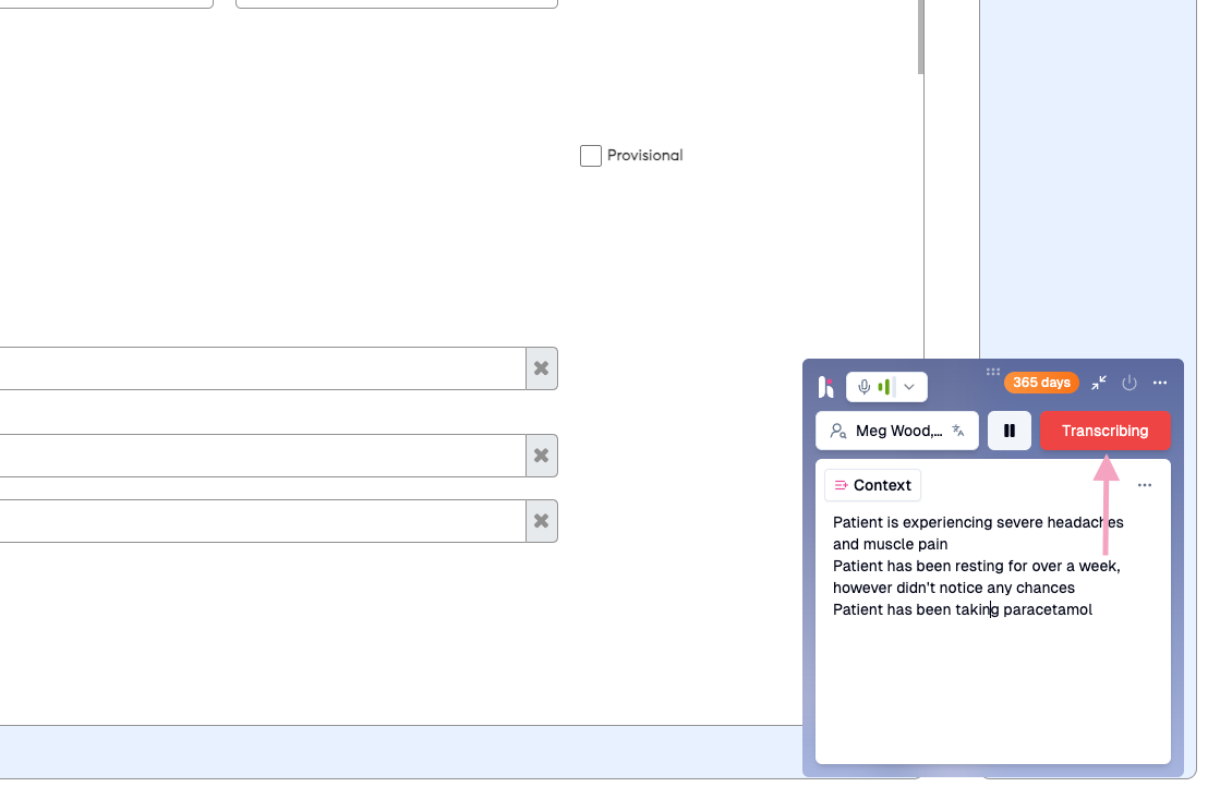 Heidi x MediOffice medical transcription widget displaying patient symptoms and an active 'Transcribing' button.
