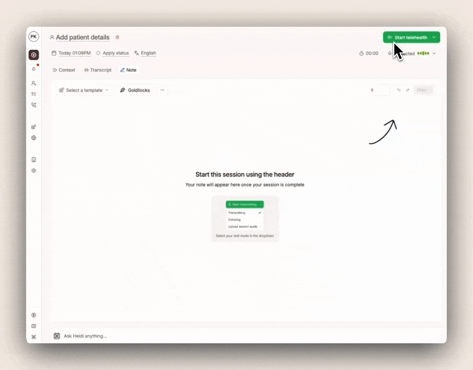 Screenshot of a telehealth application with a mouse pointer on the green 'Start telehealth' button.