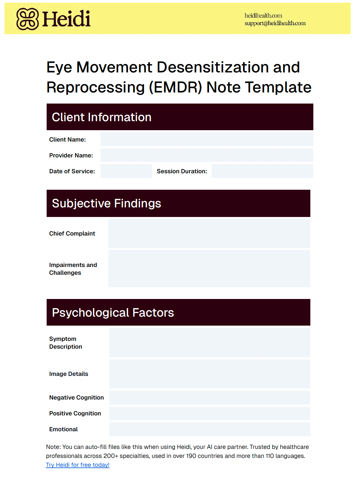 Heidi Health's EMDR Note Template with sections for client information, subjective findings, and psychological factors.