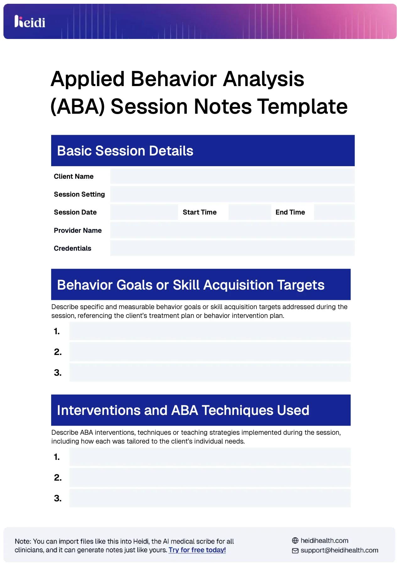 ABA Session Notes Template Example