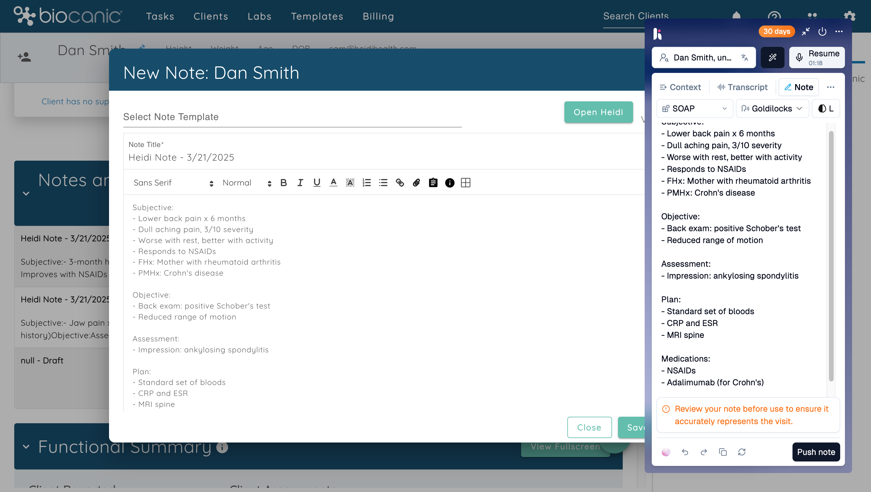 Biocanic interface displaying two versions of a SOAP note for patient, one in an editor and one in a sidebar using Heidi AI Scribe.
