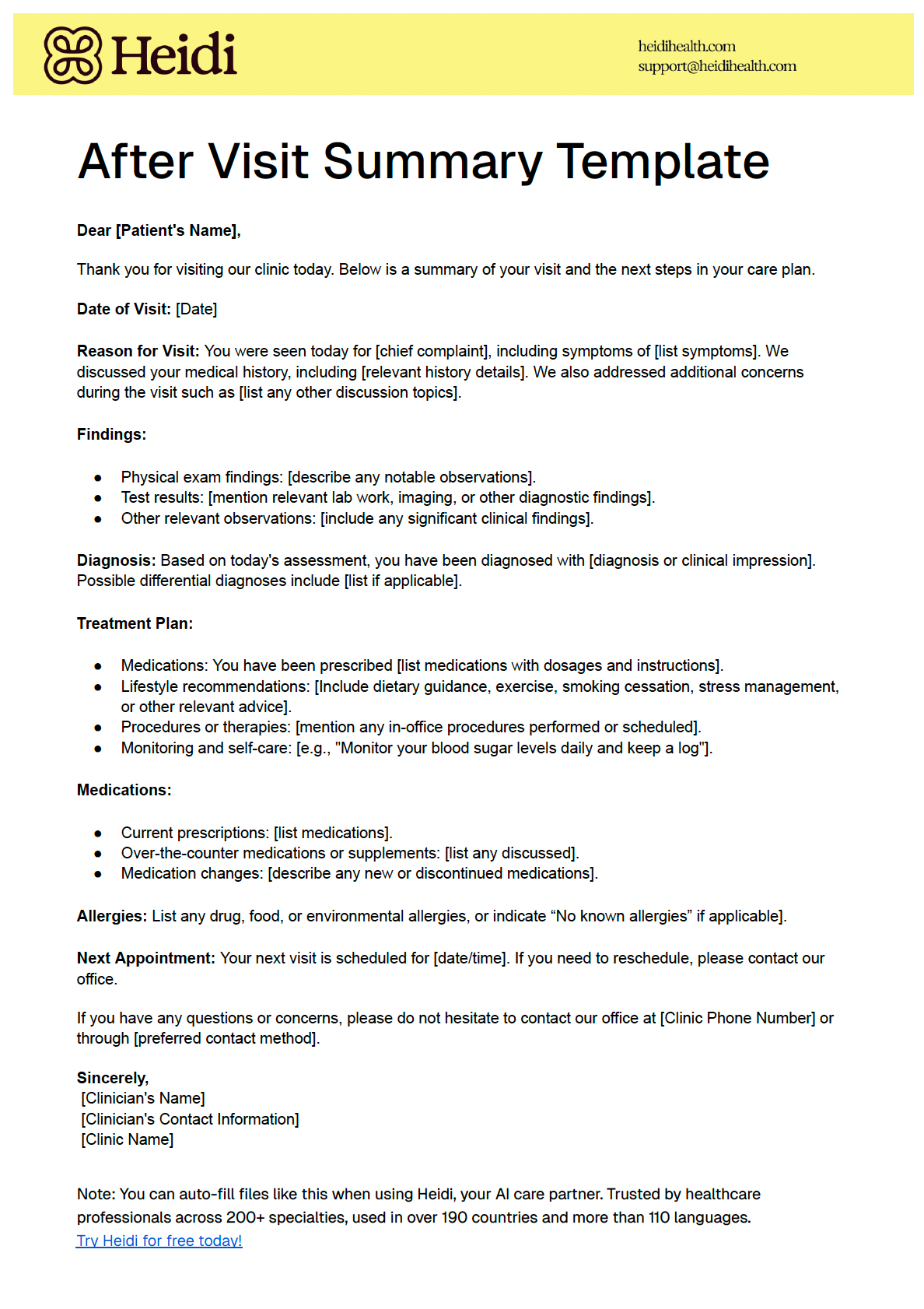 A template for a medical "After Visit Summary" from Heidi, an AI care partner, with sections for patient visit details, findings, diagnosis, treatment plan, and next steps.