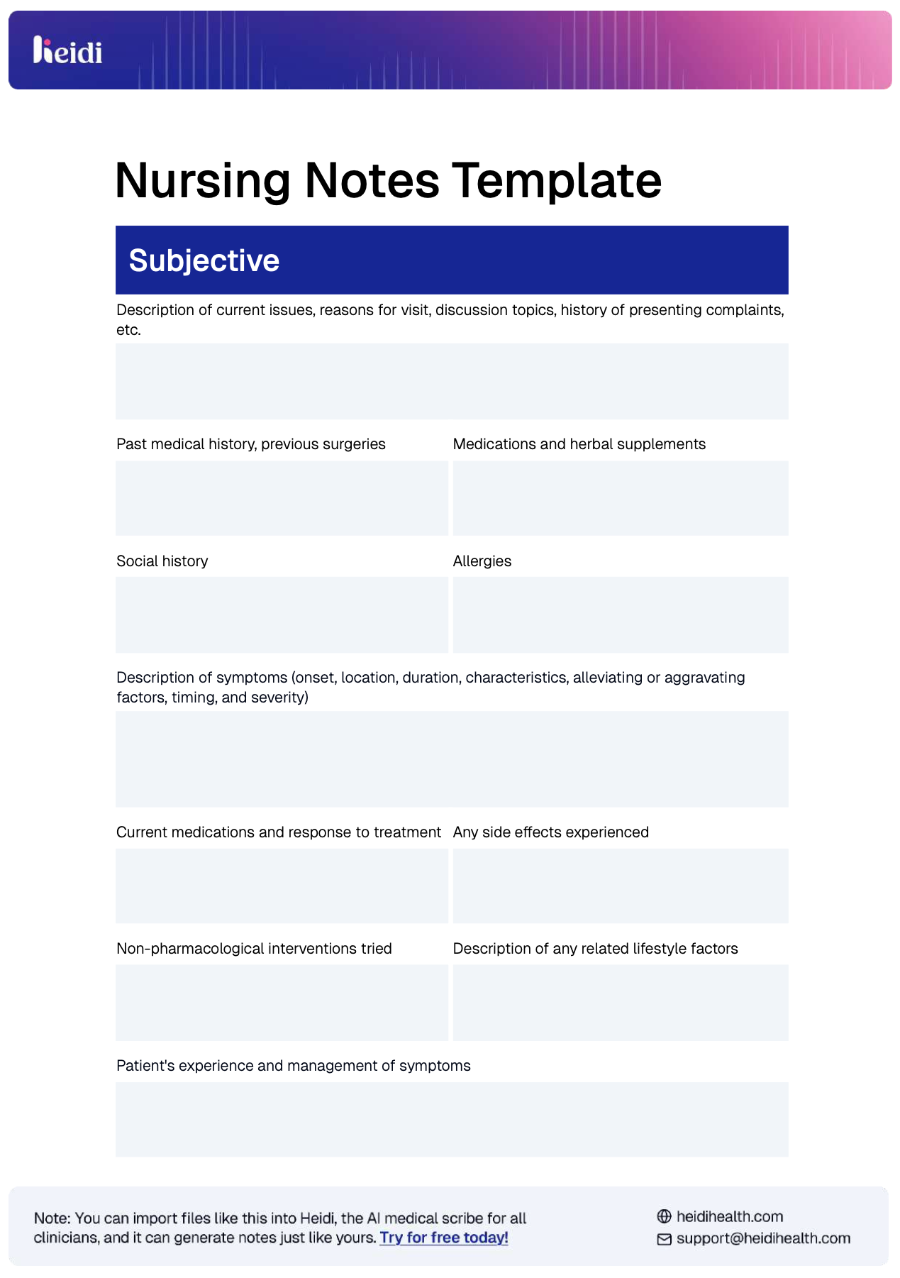 Heidi Health Nursing Notes Template