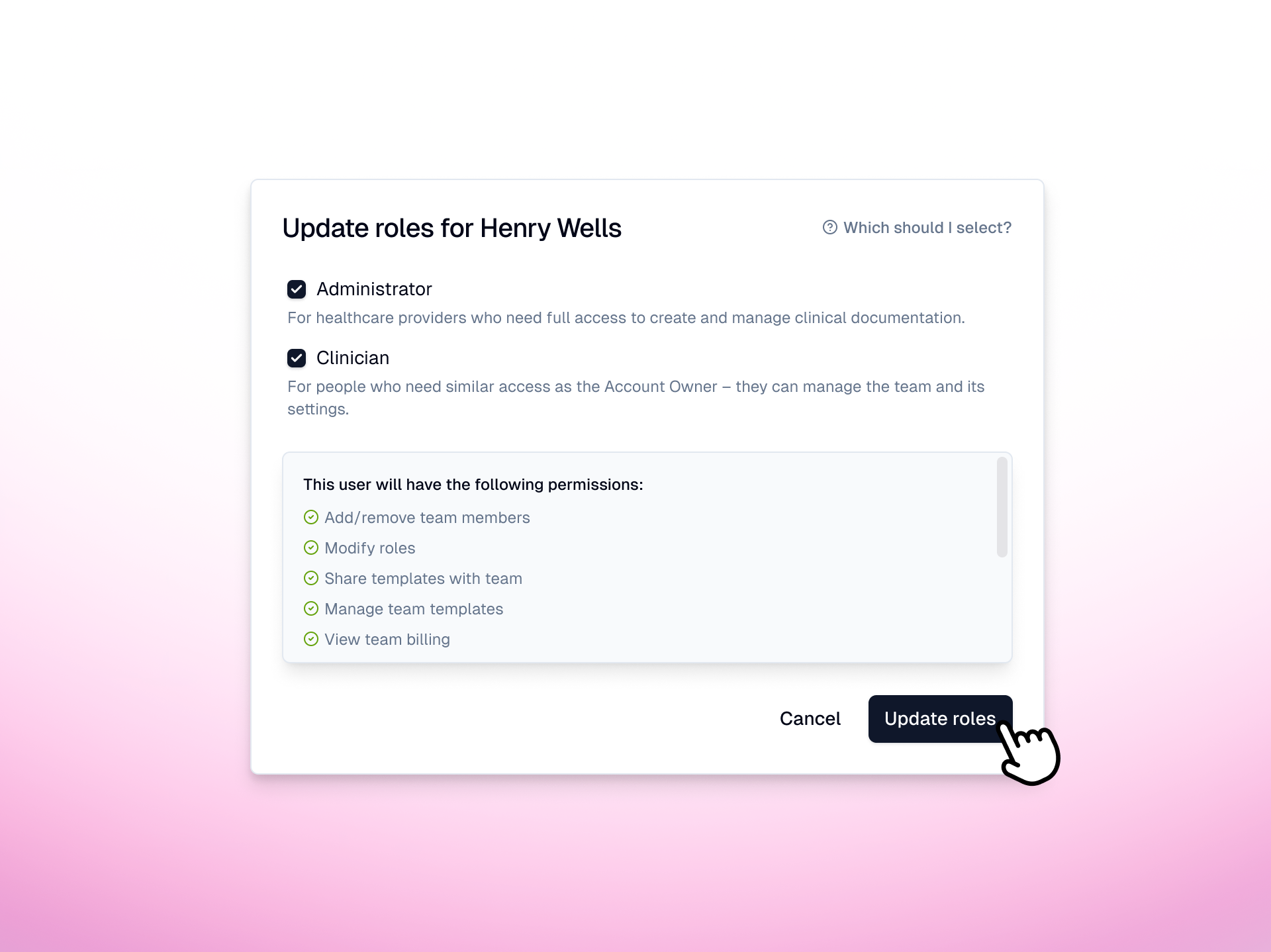 Heidi Health AI app screenshot - Update roles